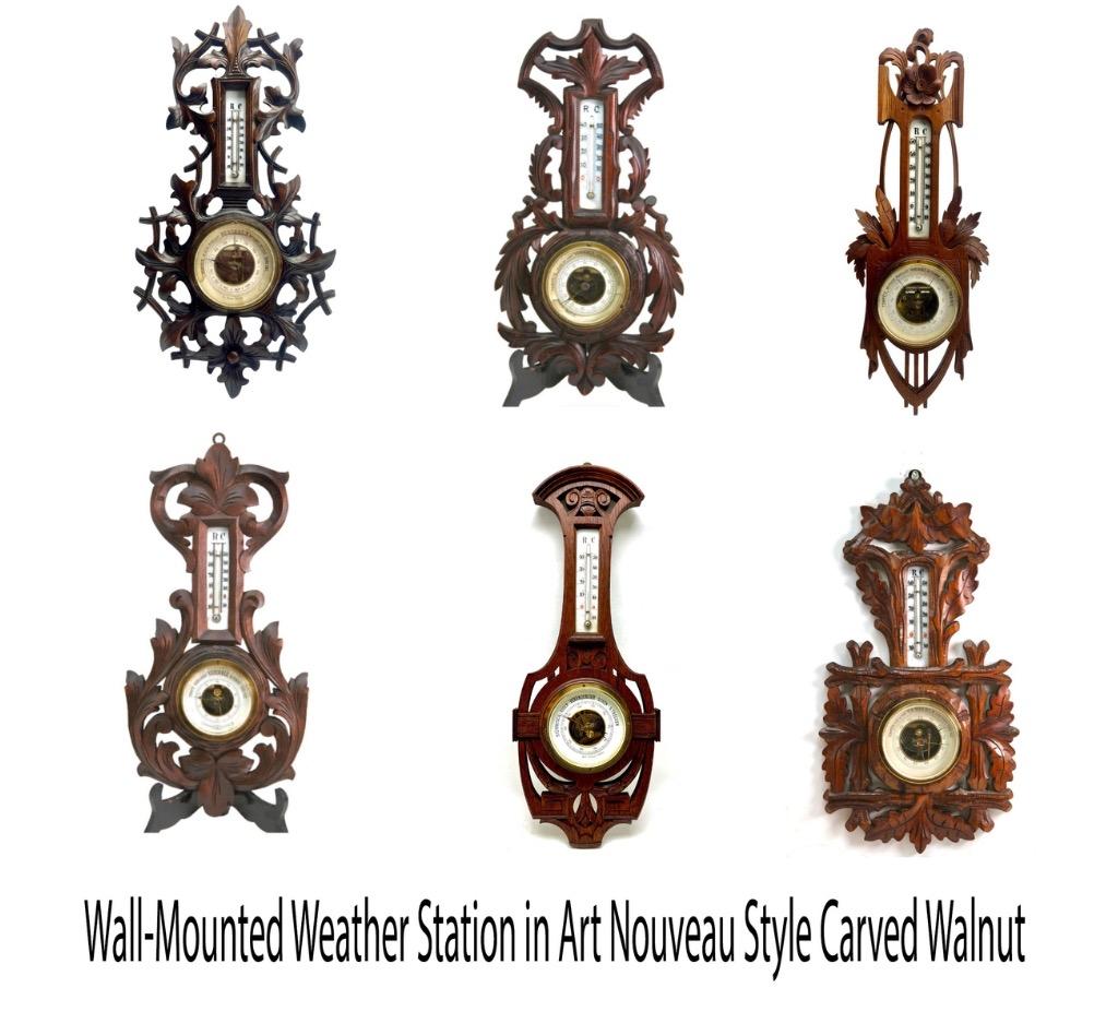 Wand-Wetterstation aus geschnitztem Nussbaum im Jugendstil  1910s im Angebot 1