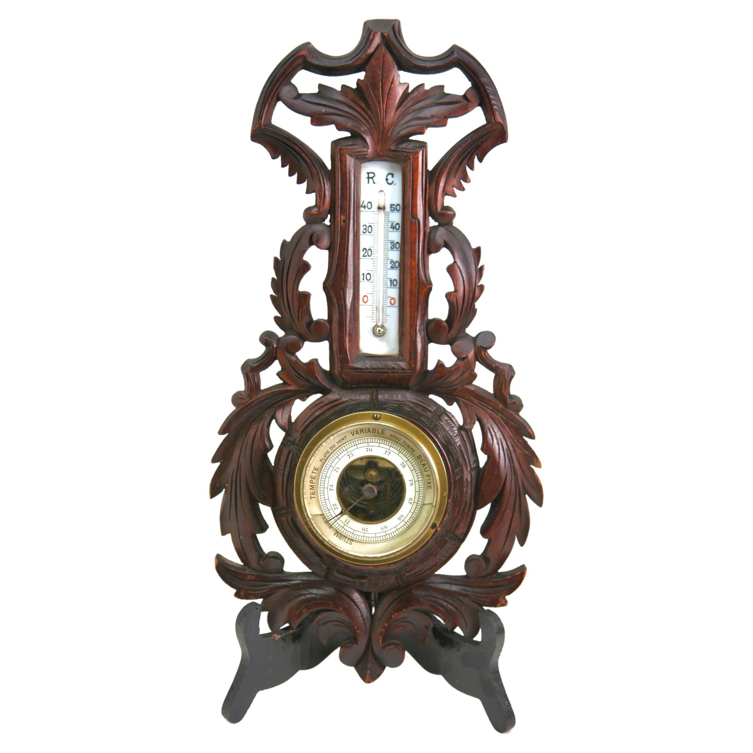 Wall-Mounted Weather Station in Art Nouveau Style Carved Walnut  1910s For Sale