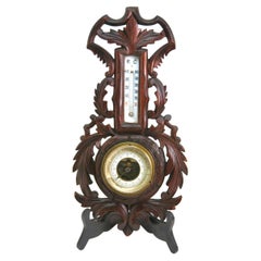 Antique Wall-Mounted Weather Station in Art Nouveau Style Carved Walnut  1910s