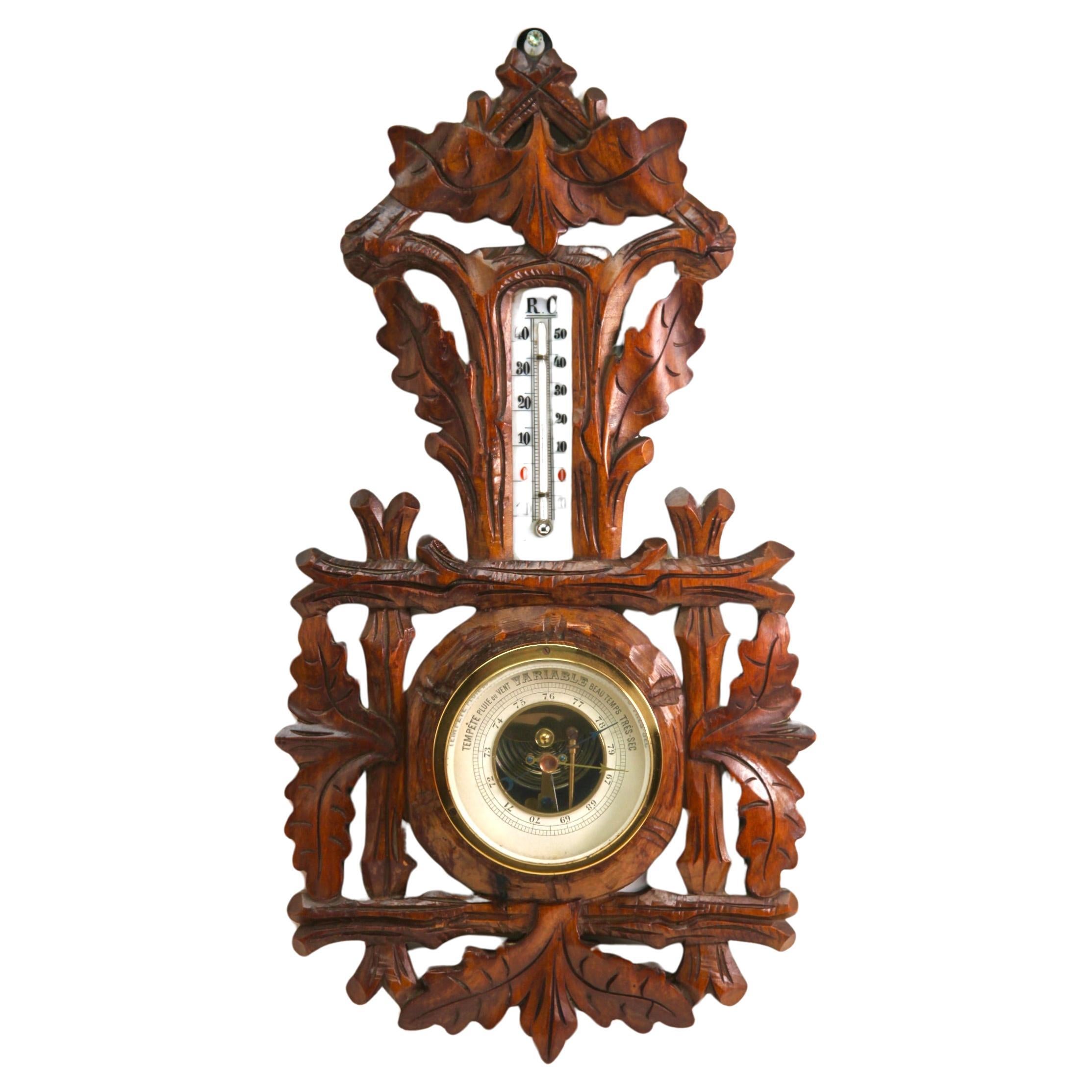 Wand-Wetterstation aus geschnitztem Nussbaum im Jugendstil  1910s