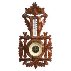 Antique Wall-Mounted Weather Station in Art Nouveau Style Carved Walnut  1910s