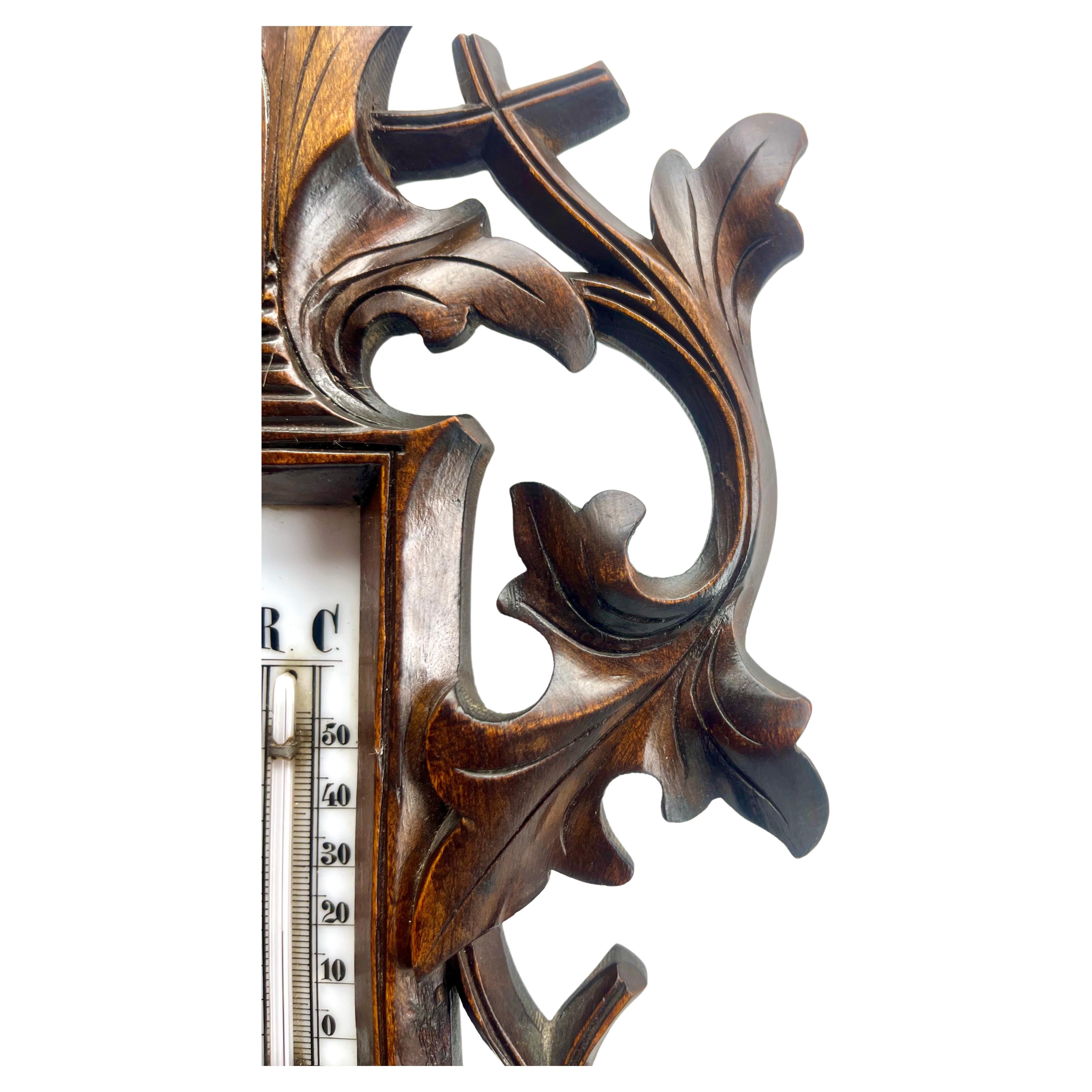 Wall-Mounted Weather Station in Art Nouveau Style Carved Walnut G.Tart Belgium For Sale 4