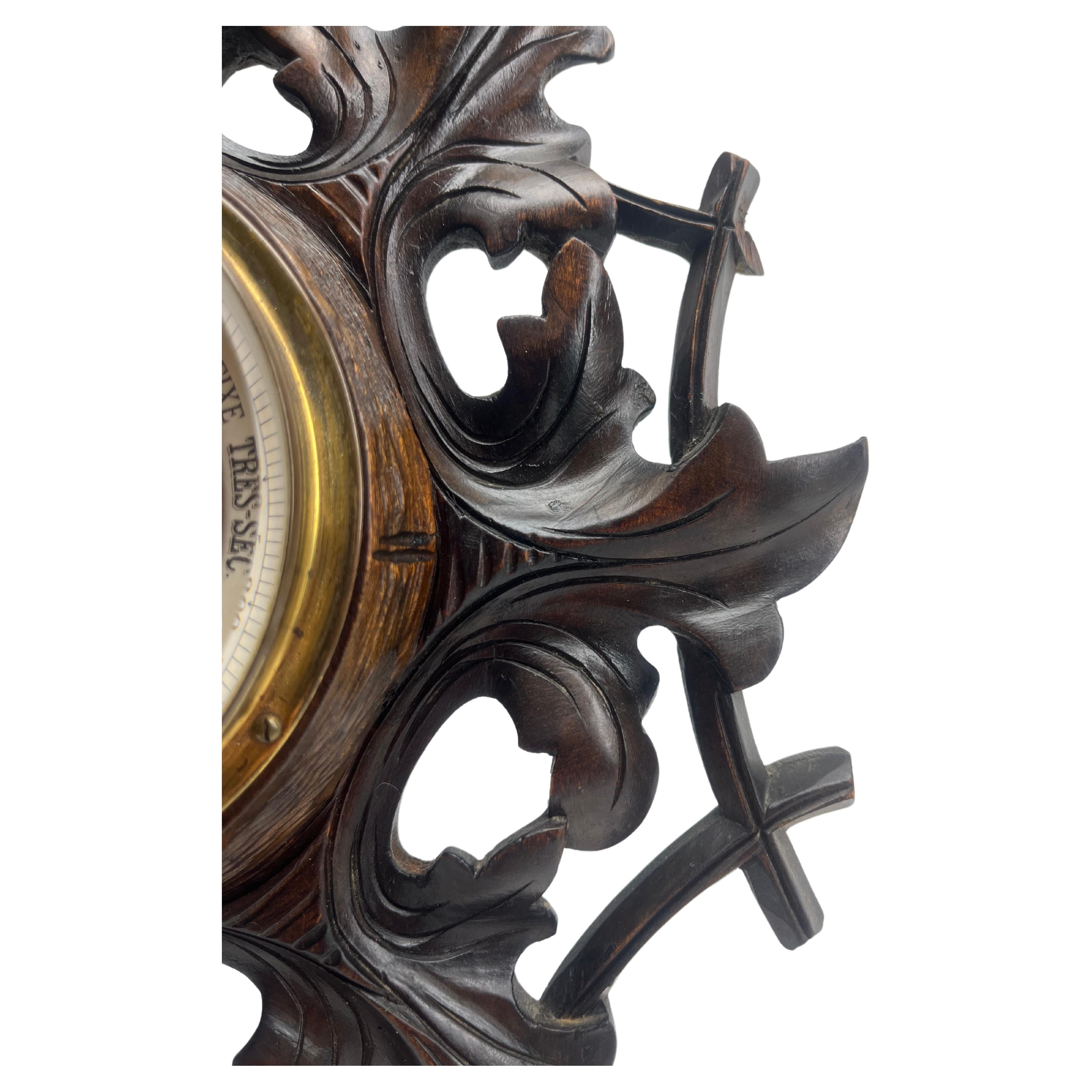 Wall-Mounted Weather Station in Art Nouveau Style Carved Walnut G.Tart Belgium For Sale 5