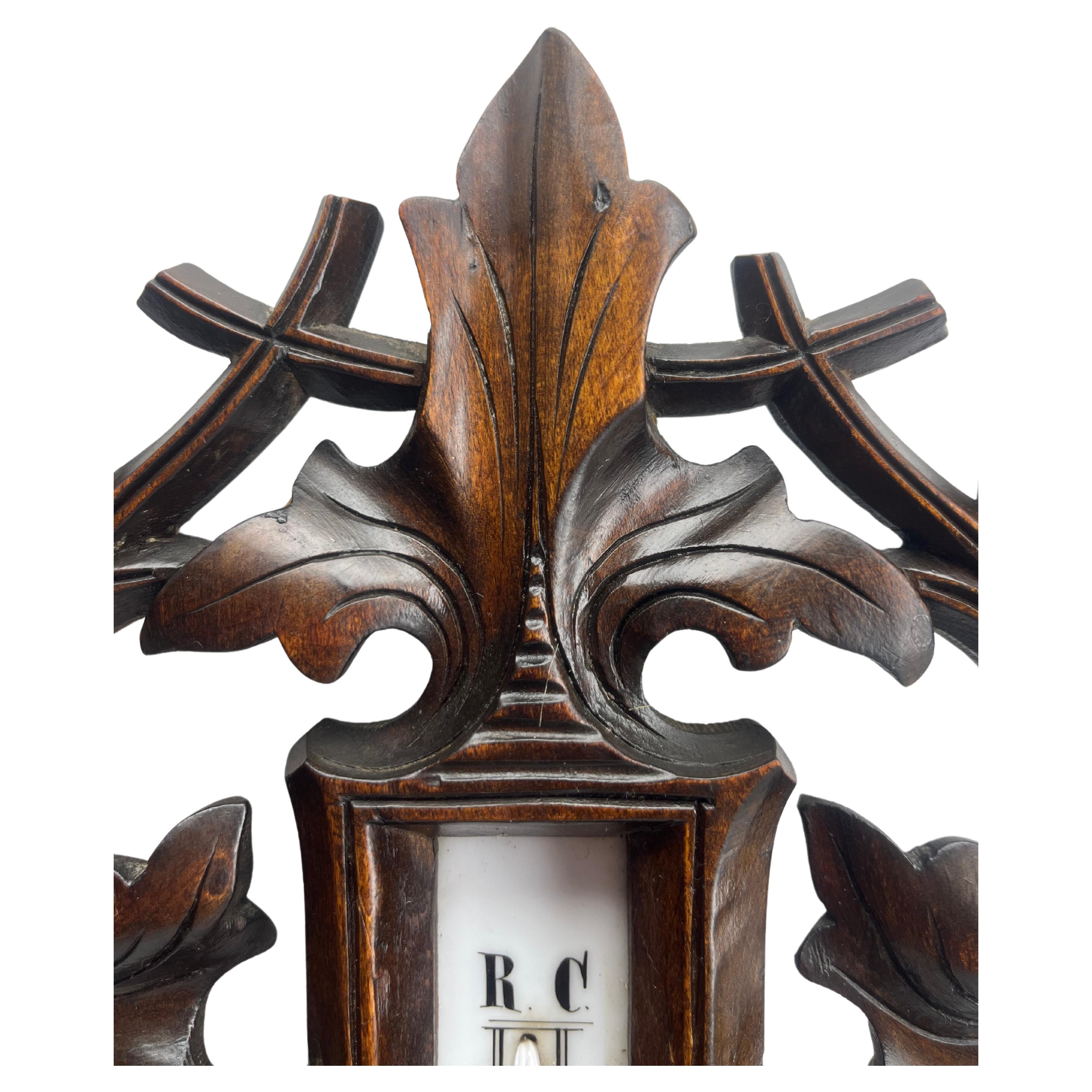Wall-Mounted Weather Station in Art Nouveau Style Carved Walnut G.Tart Belgium For Sale 1