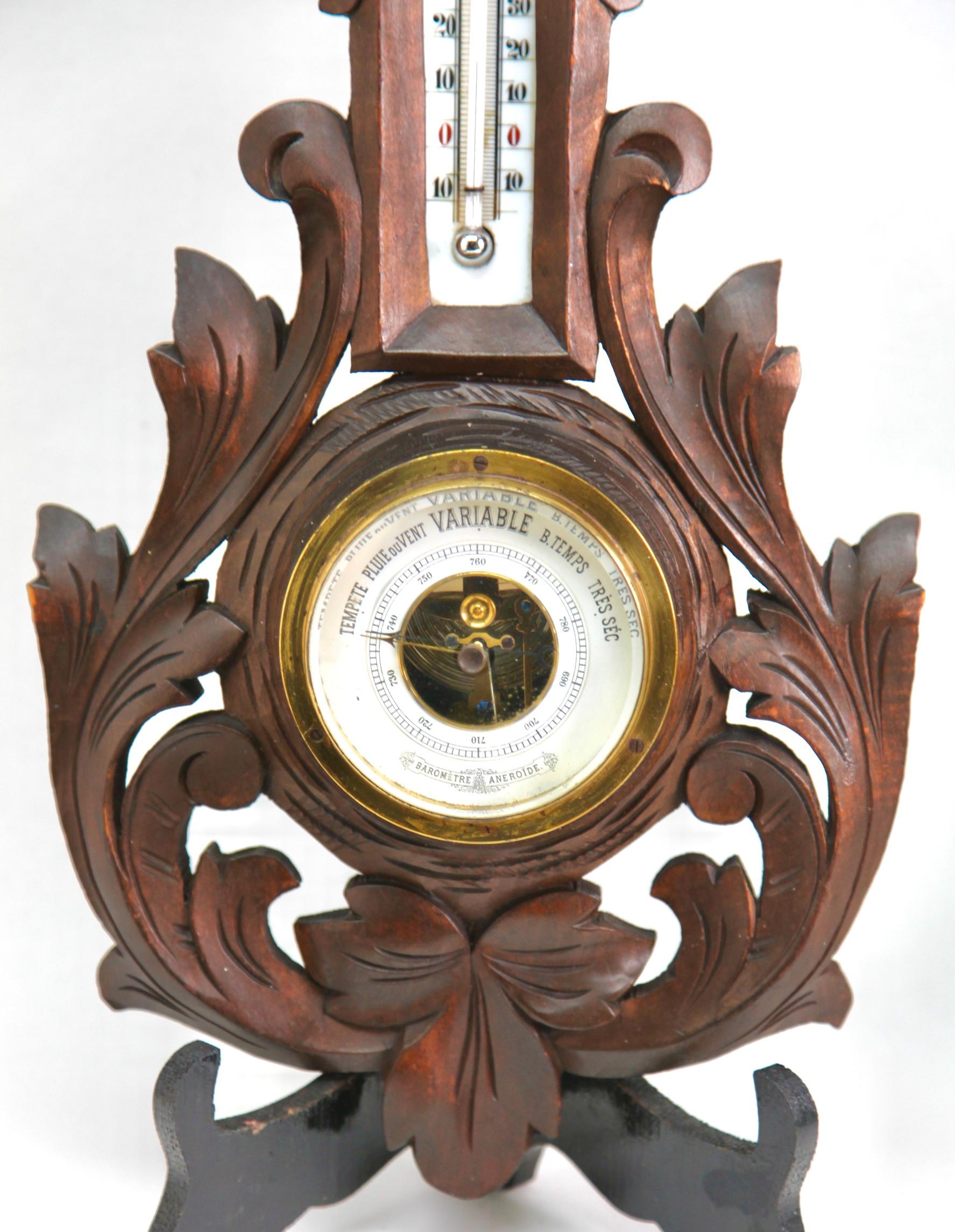 Hand-Carved Wall-Mounted Weather Station in Rococo Style Carved Walnut, 1910s For Sale