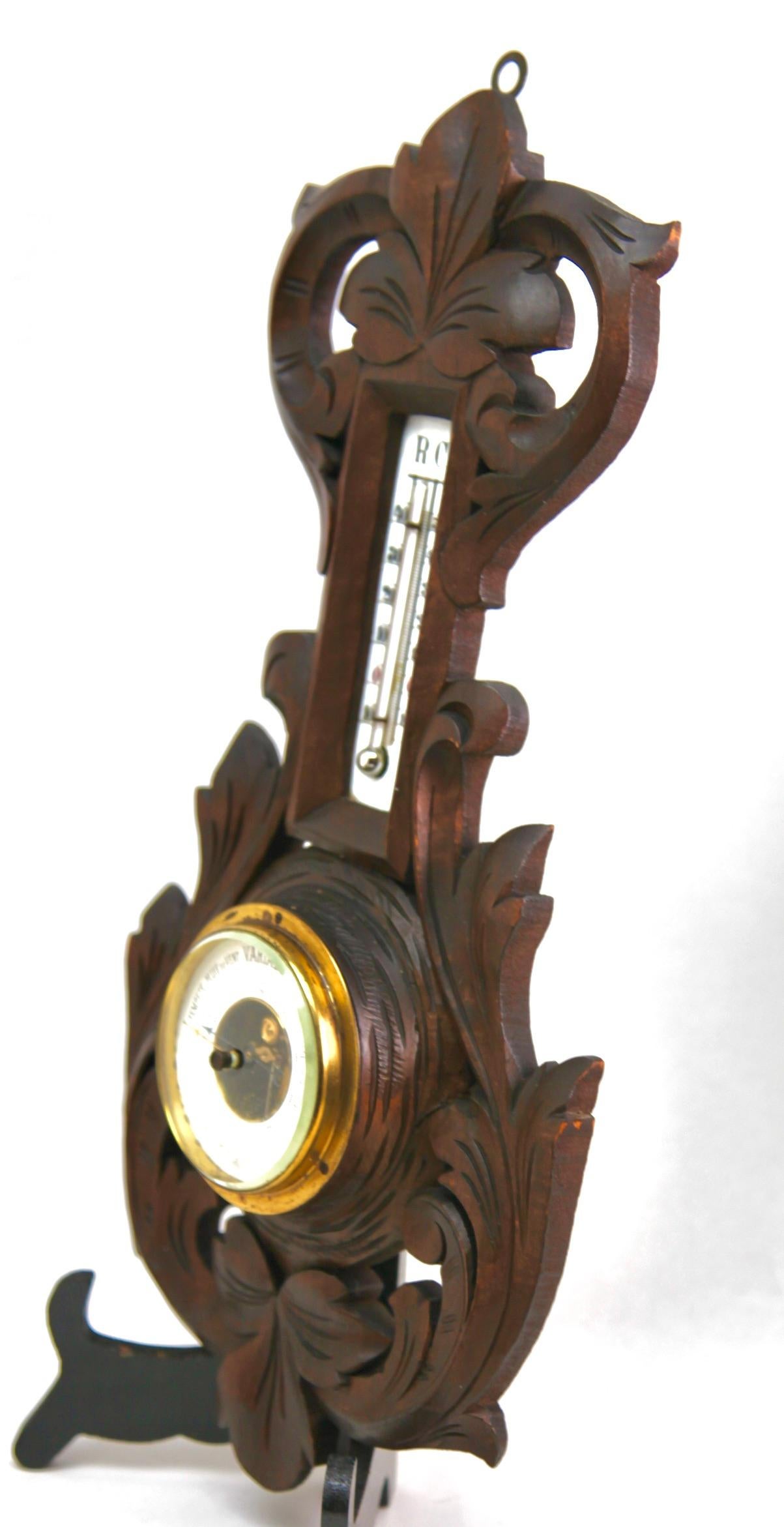 Early 20th Century Wall-Mounted Weather Station in Rococo Style Carved Walnut, 1910s For Sale