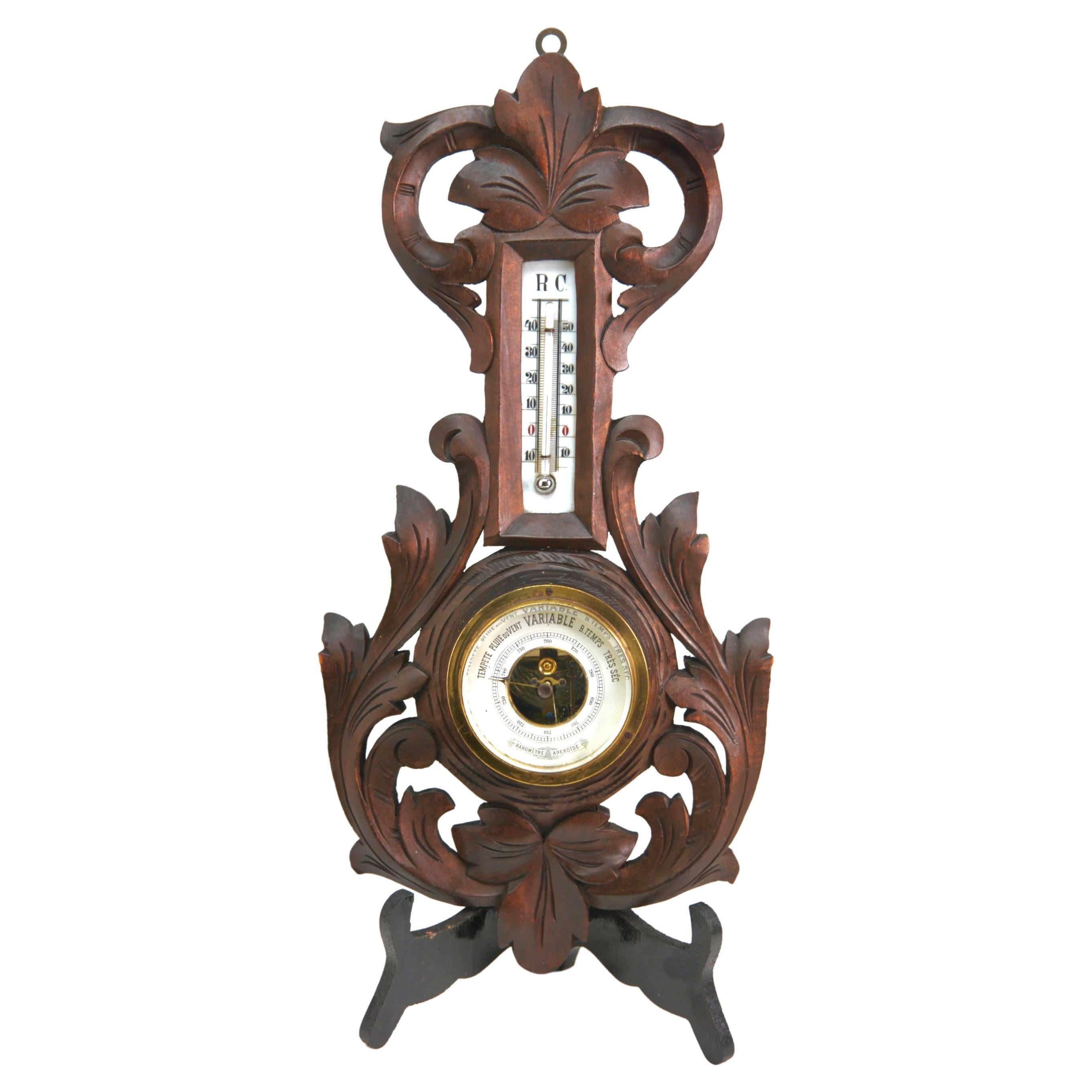 Wall-Mounted Weather Station in Rococo Style Carved Walnut, 1910s