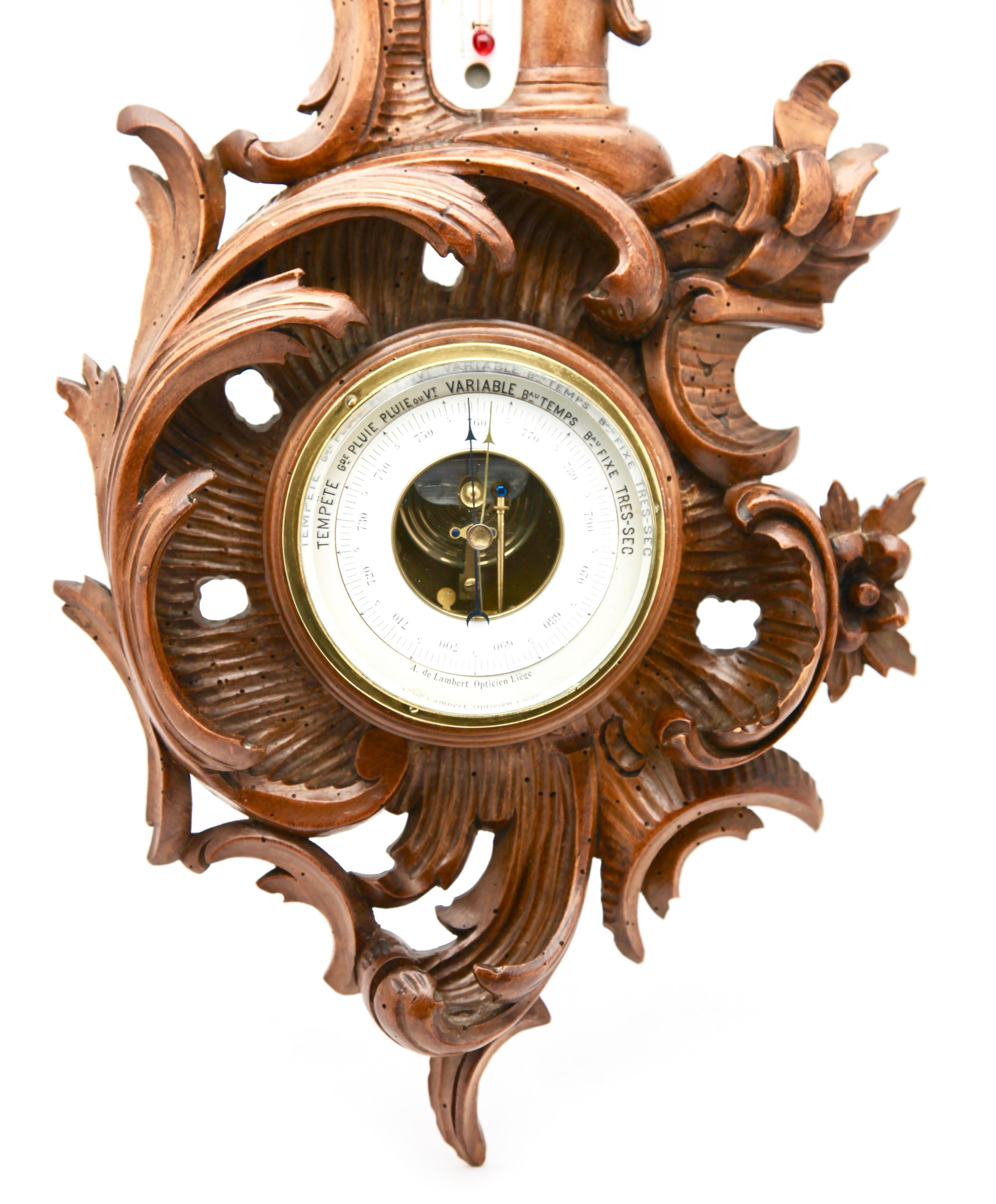 Belgian Wall-Mounted Weather Station in Rococo Style Carved Walnut by De Lambert, 1910s