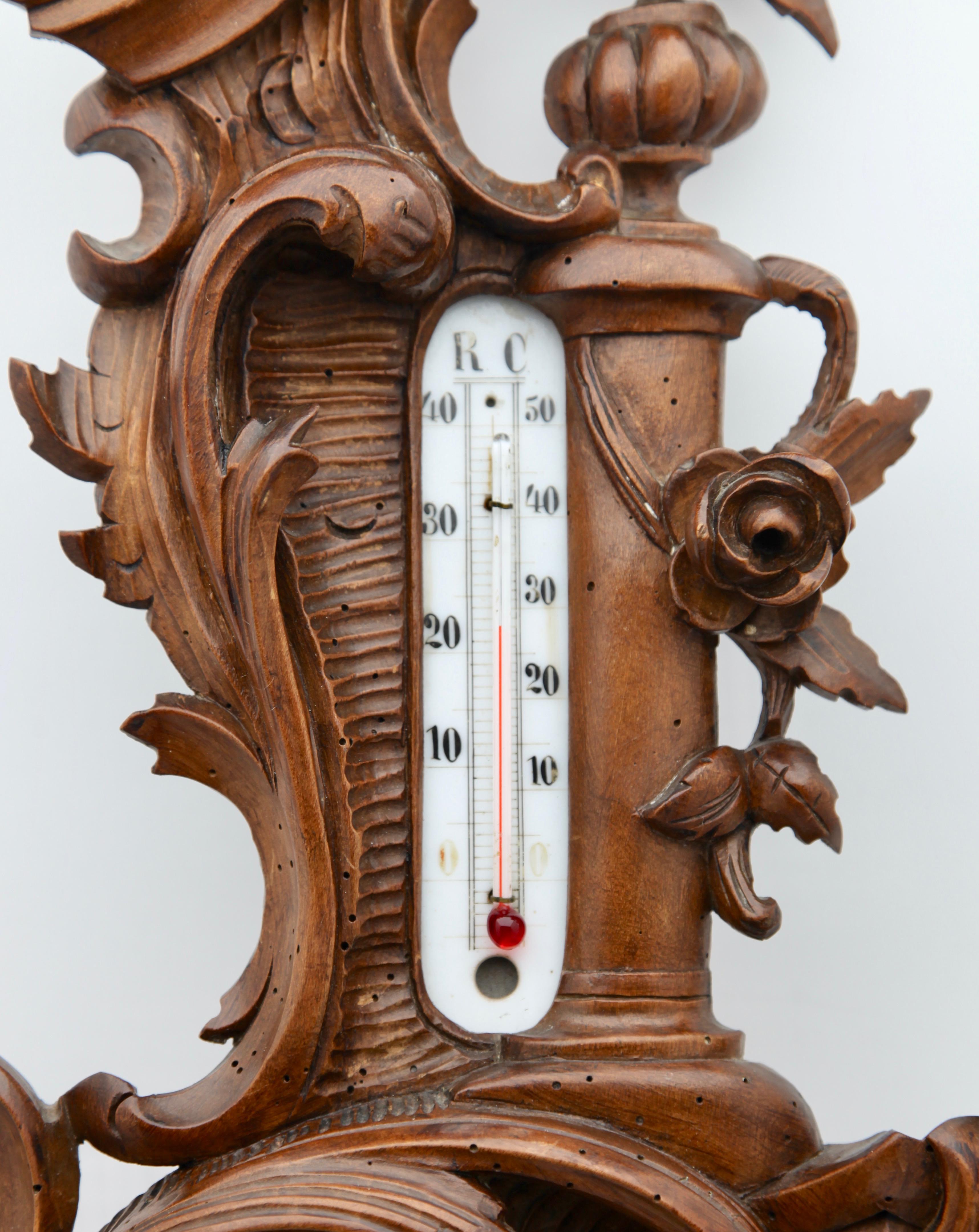 Hand-Carved Wall-Mounted Weather Station in Rococo Style Carved Walnut by De Lambert, 1910s