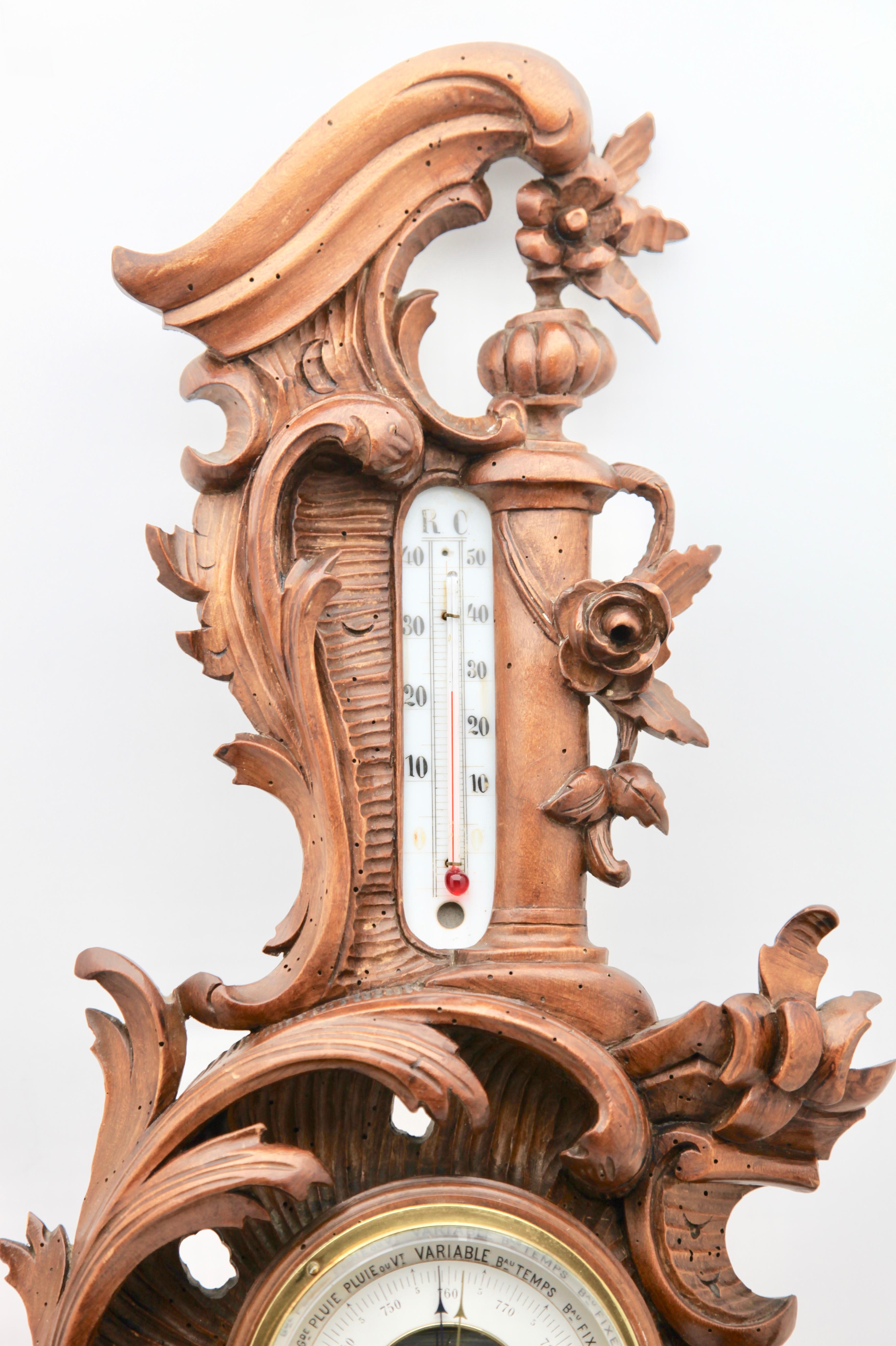 Wall-Mounted Weather Station in Rococo Style Carved Walnut by De Lambert, 1910s In Good Condition In Verviers, BE