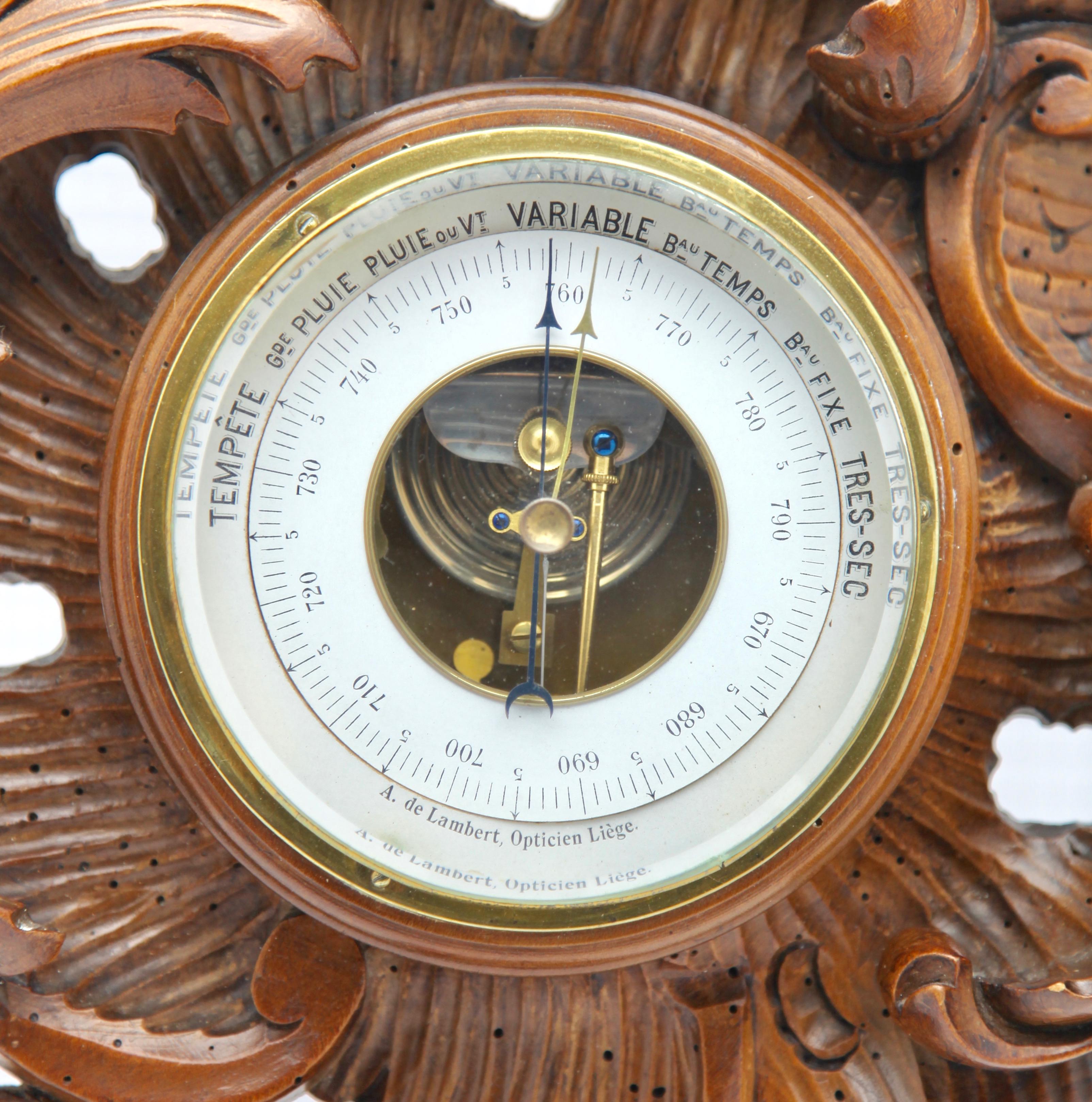 Early 20th Century Wall-Mounted Weather Station in Rococo Style Carved Walnut by De Lambert, 1910s