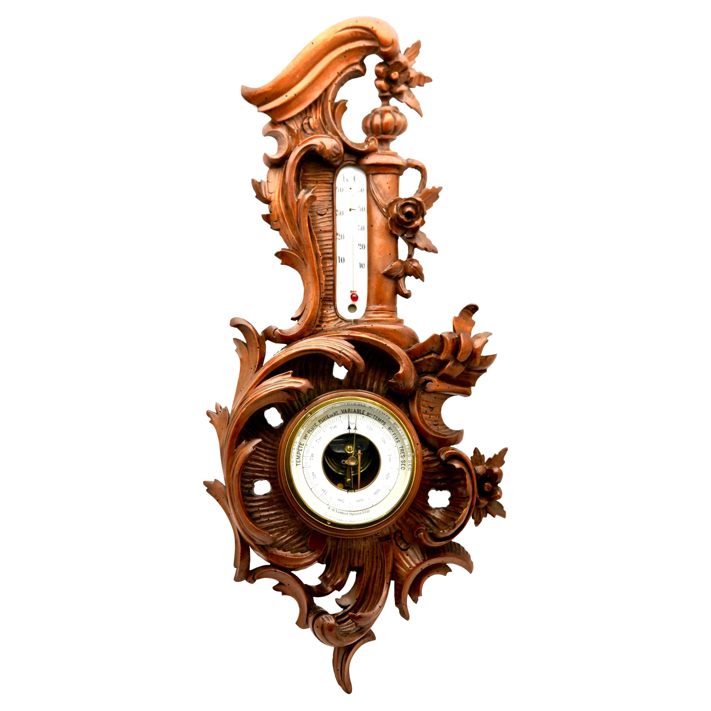 Wall-Mounted Weather Station in Rococo Style Carved Walnut by De Lambert, 1910s