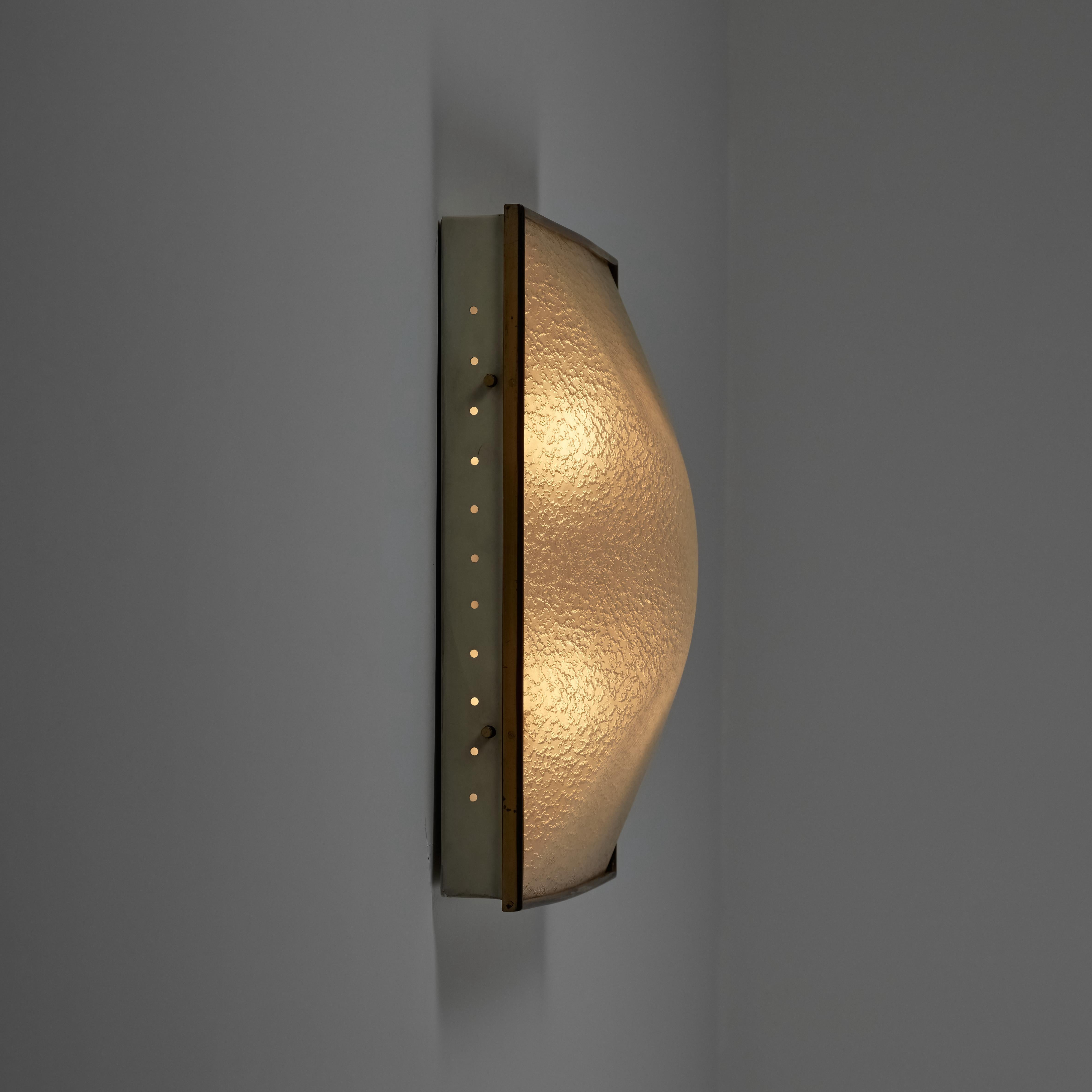 Wall or Ceiling Light by Fontana Arte. Designed and Manufactured in Italy, circa the 1960s. An elegant flush-mount with details of textured turtle shell glass, paired with an enameled frame. Brass details finish this piece. The light holds four E14