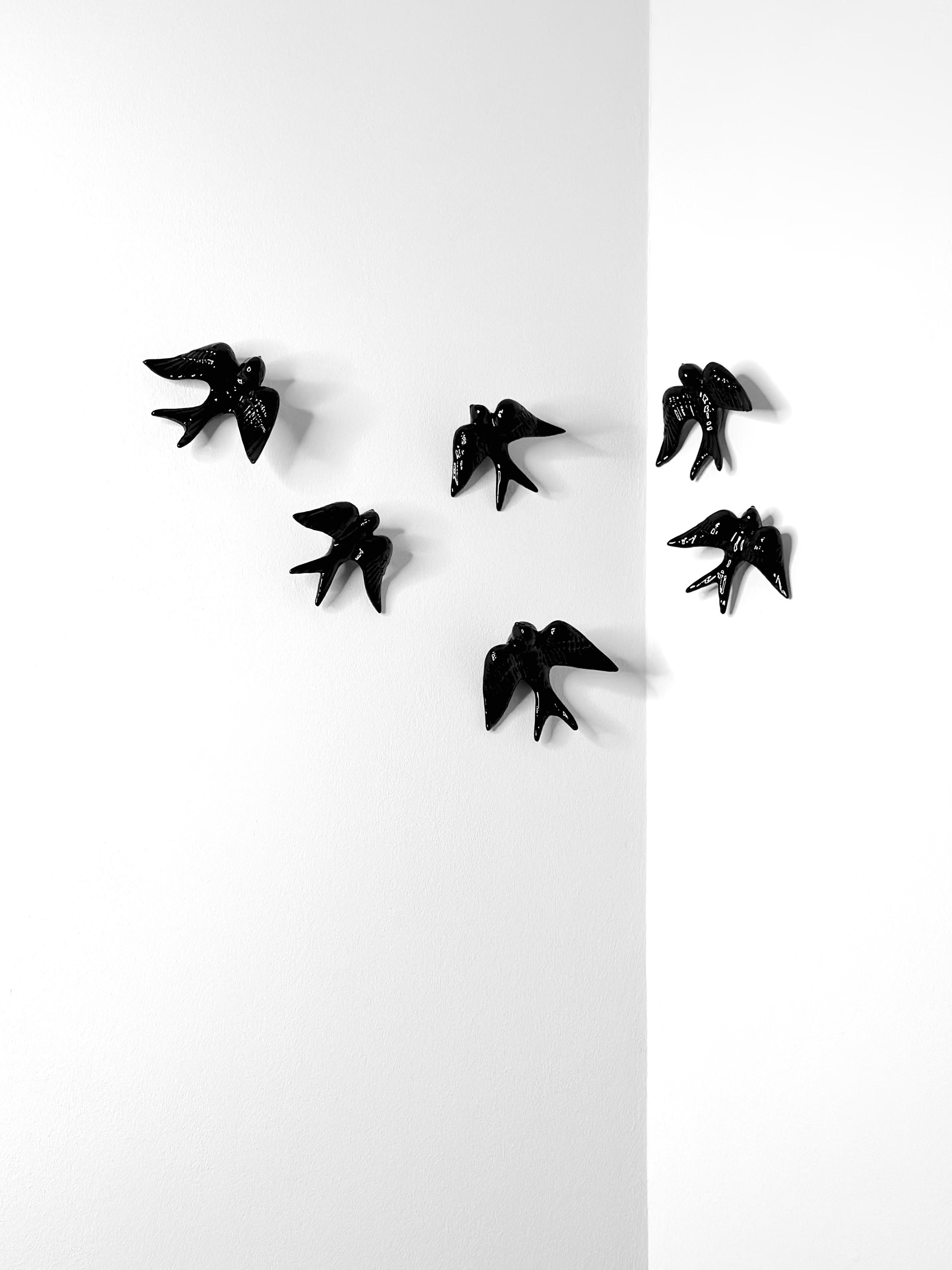 Contemporary Glossy Black Stoneware Wall Ornaments, Minimalist Design, SWALLOWS For Sale 4