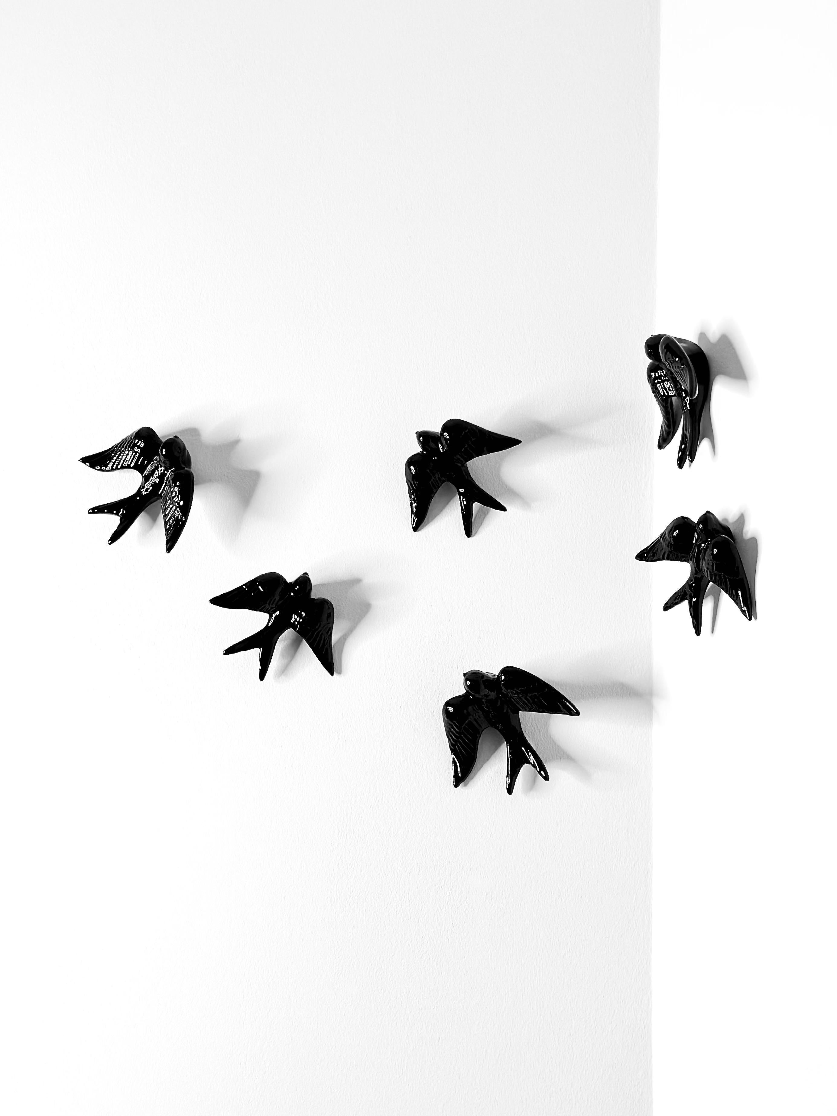 Contemporary Glossy Black Stoneware Wall Ornaments, Minimalist Design, SWALLOWS For Sale 5