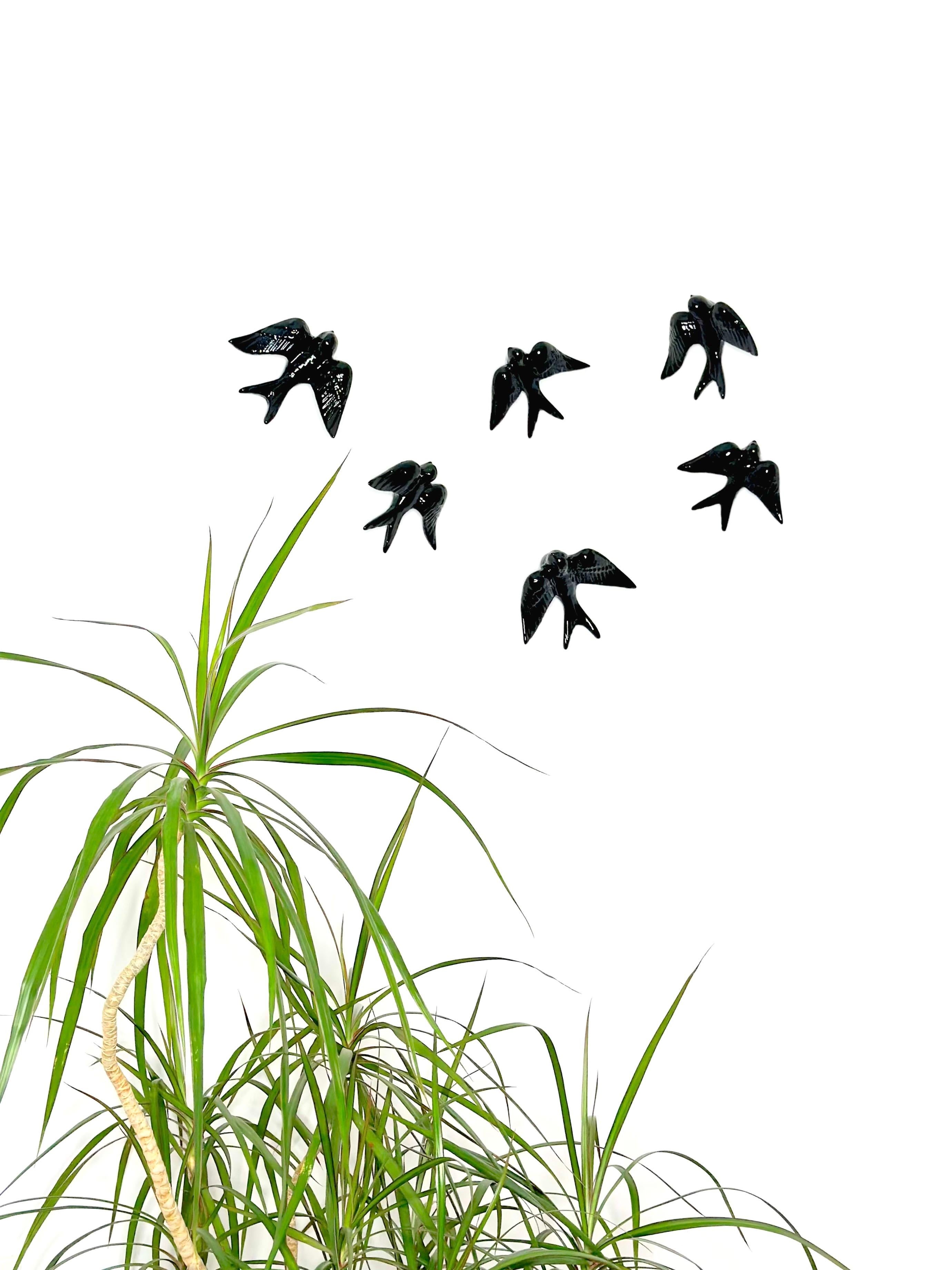 Contemporary Glossy Black Stoneware Wall Ornaments, Minimalist Design, SWALLOWS For Sale 6