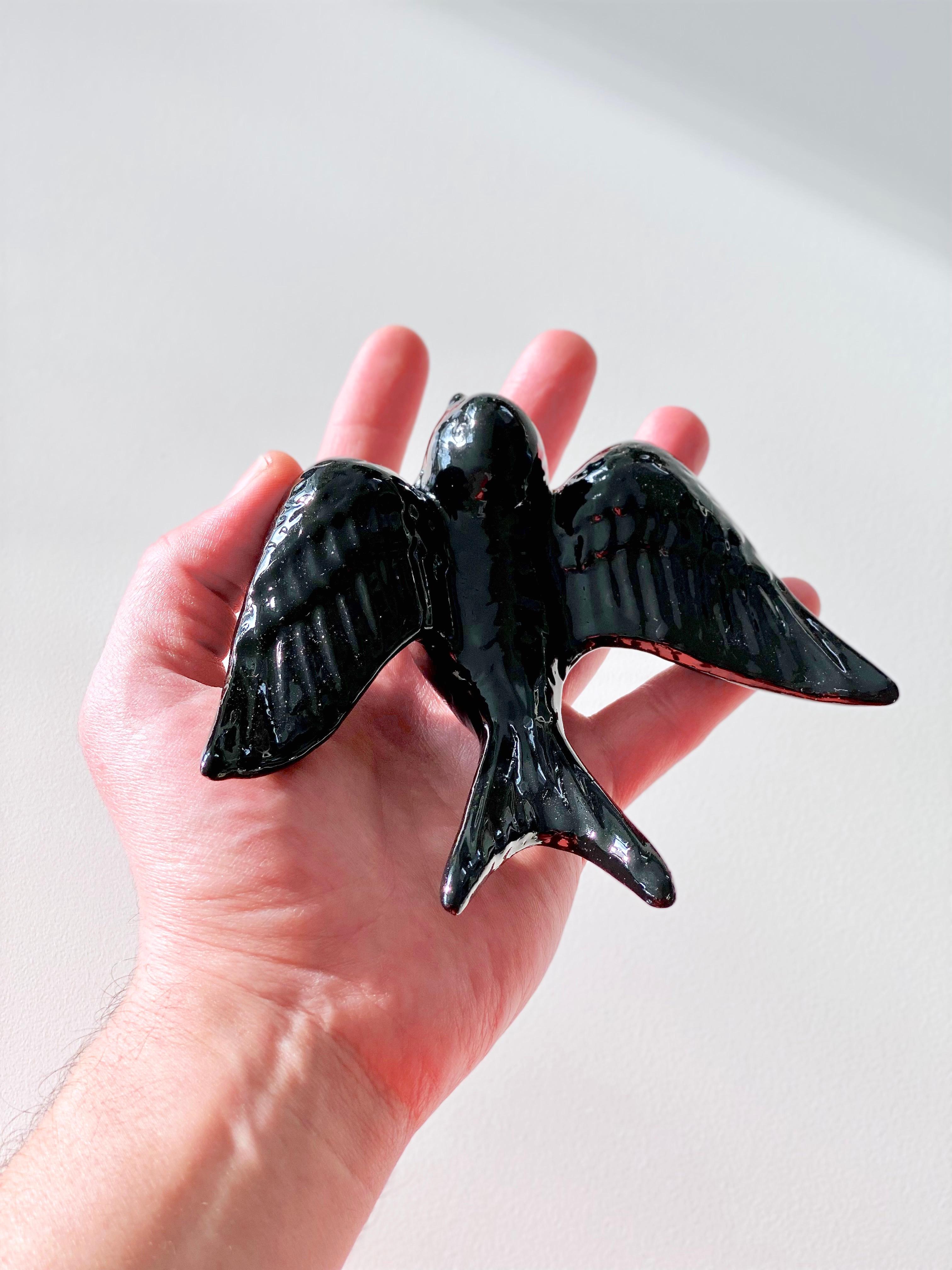 Contemporary Glossy Black Stoneware Wall Ornaments, Minimalist Design, SWALLOWS For Sale 7