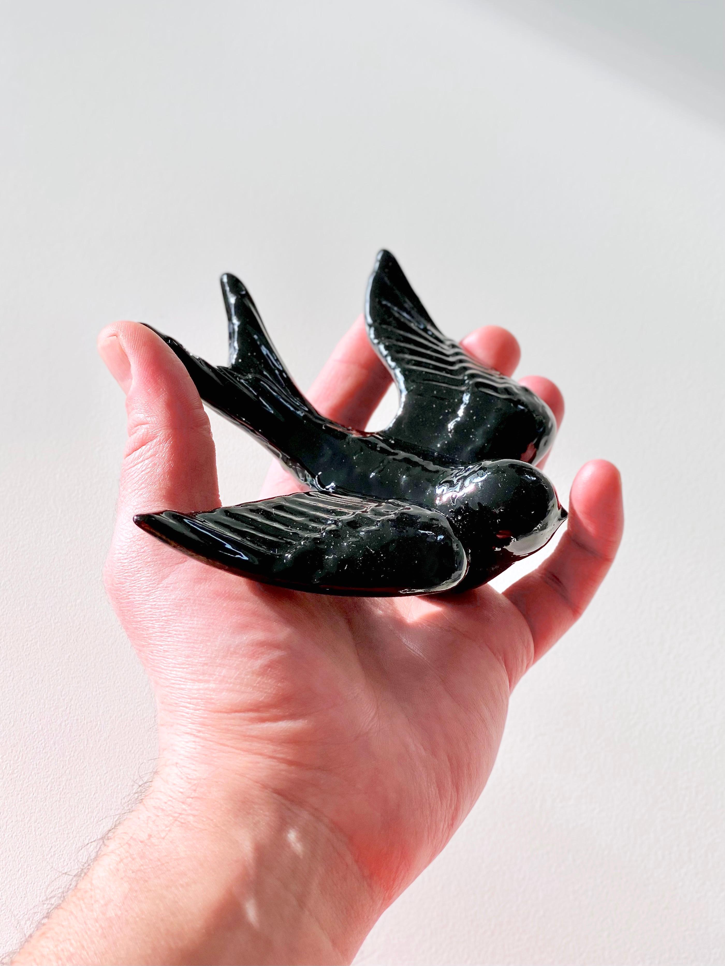 Contemporary Glossy Black Stoneware Wall Ornaments, Minimalist Design, SWALLOWS For Sale 8