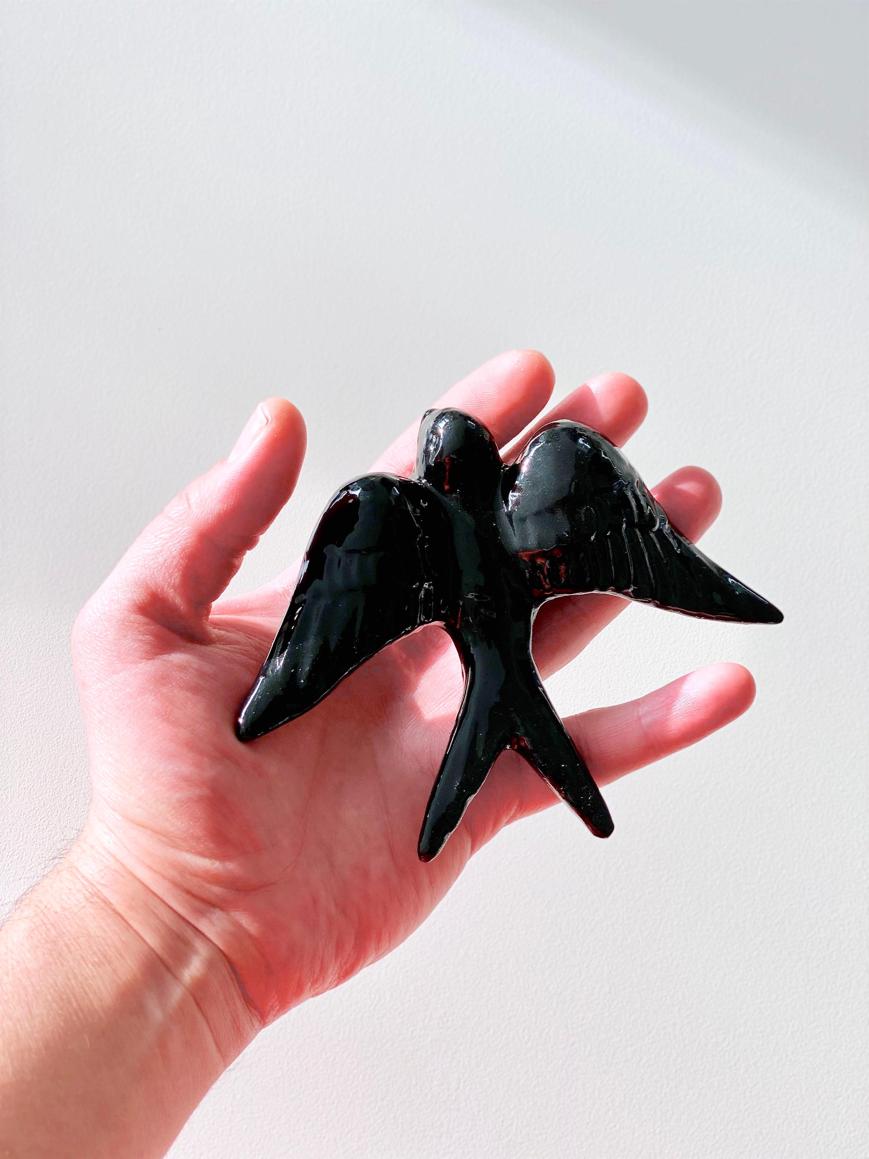 Contemporary Glossy Black Stoneware Wall Ornaments, Minimalist Design, SWALLOWS For Sale 10