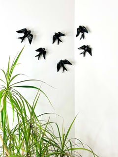 Contemporary Glossy Black Stoneware Wall Ornaments, Minimalist Design, SWALLOWS