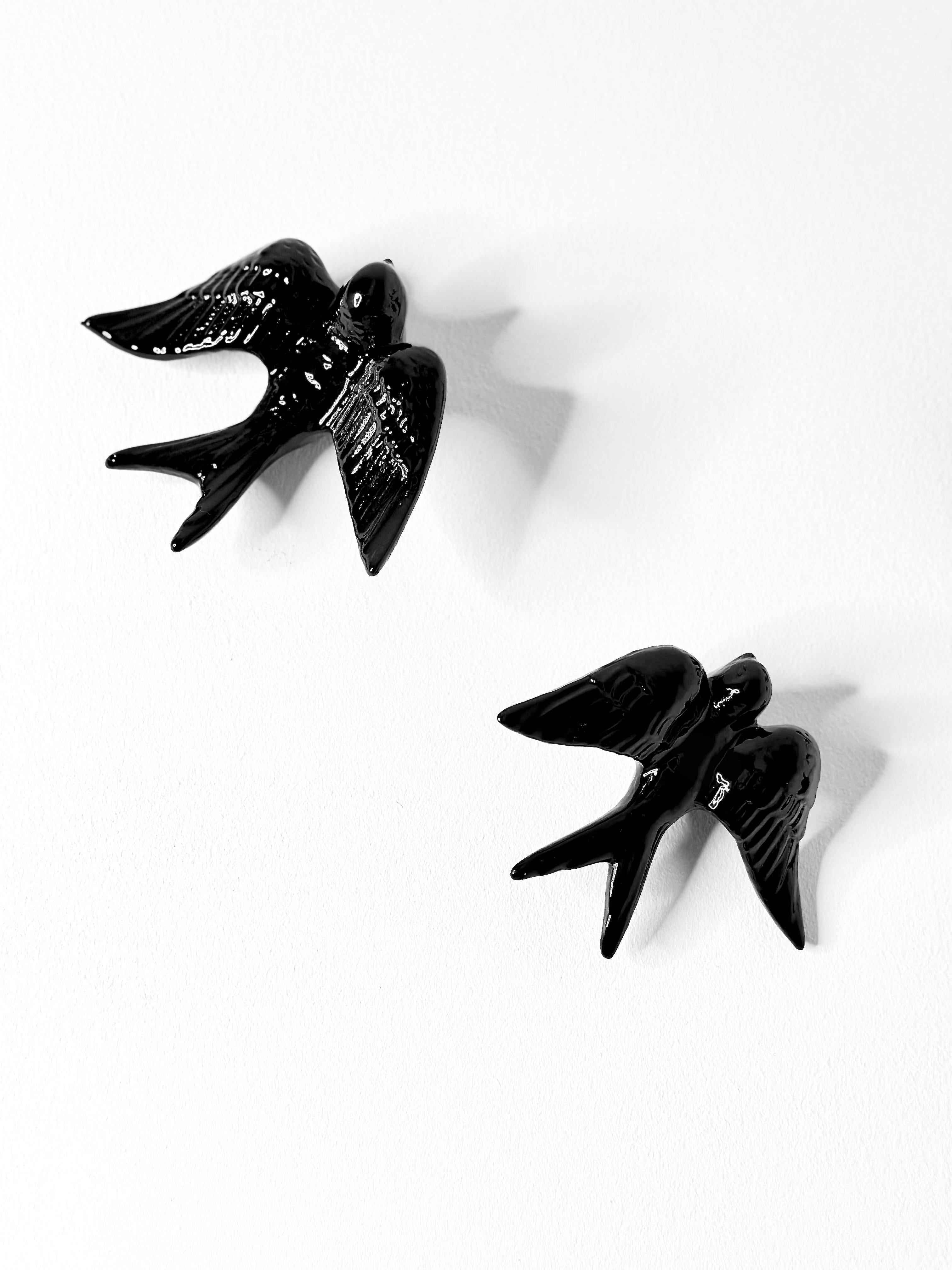 Modern Contemporary Glossy Black Stoneware Wall Ornaments, Minimalist Design, SWALLOWS For Sale