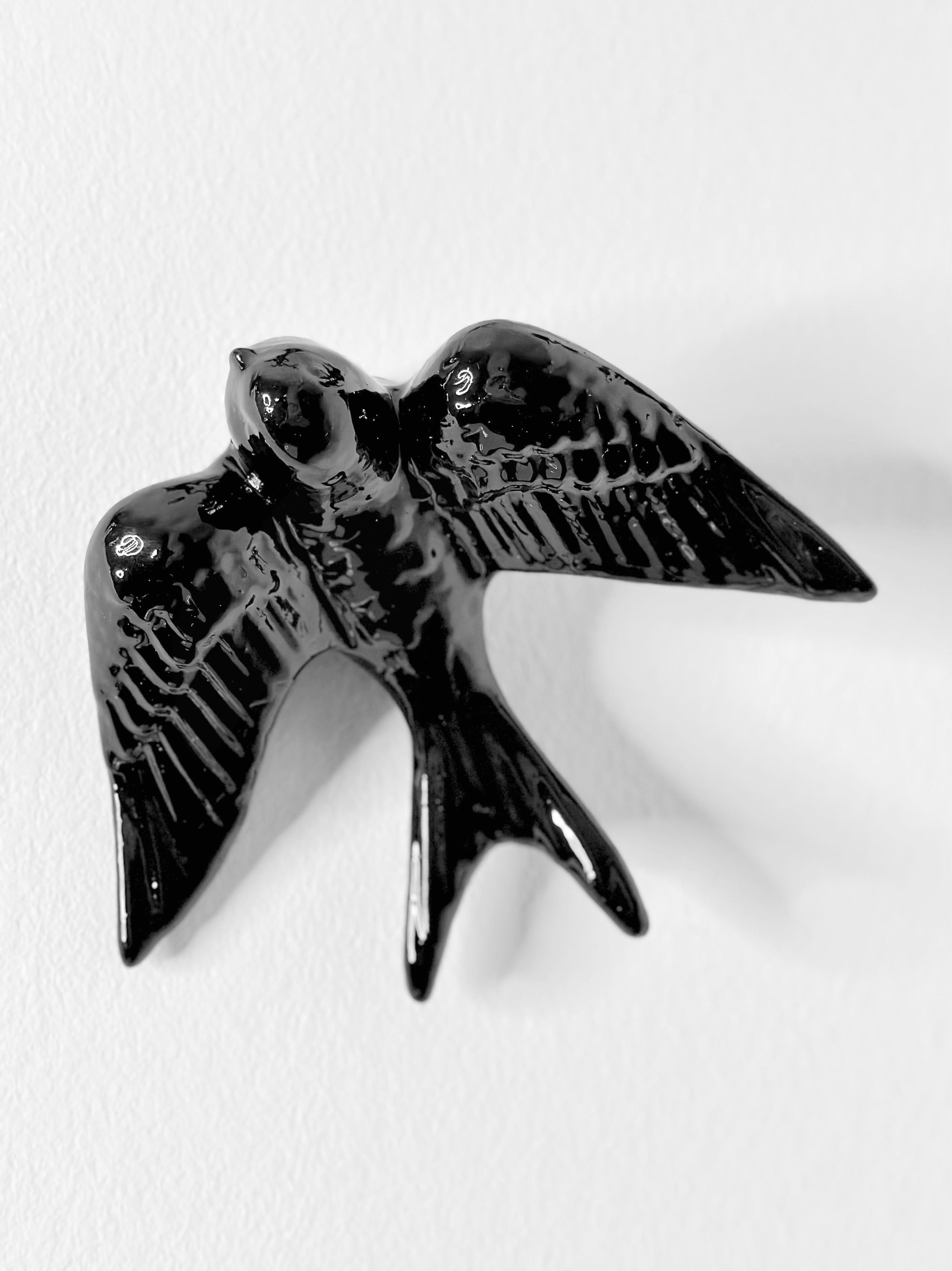 Cast Contemporary Glossy Black Stoneware Wall Ornaments, Minimalist Design, SWALLOWS For Sale