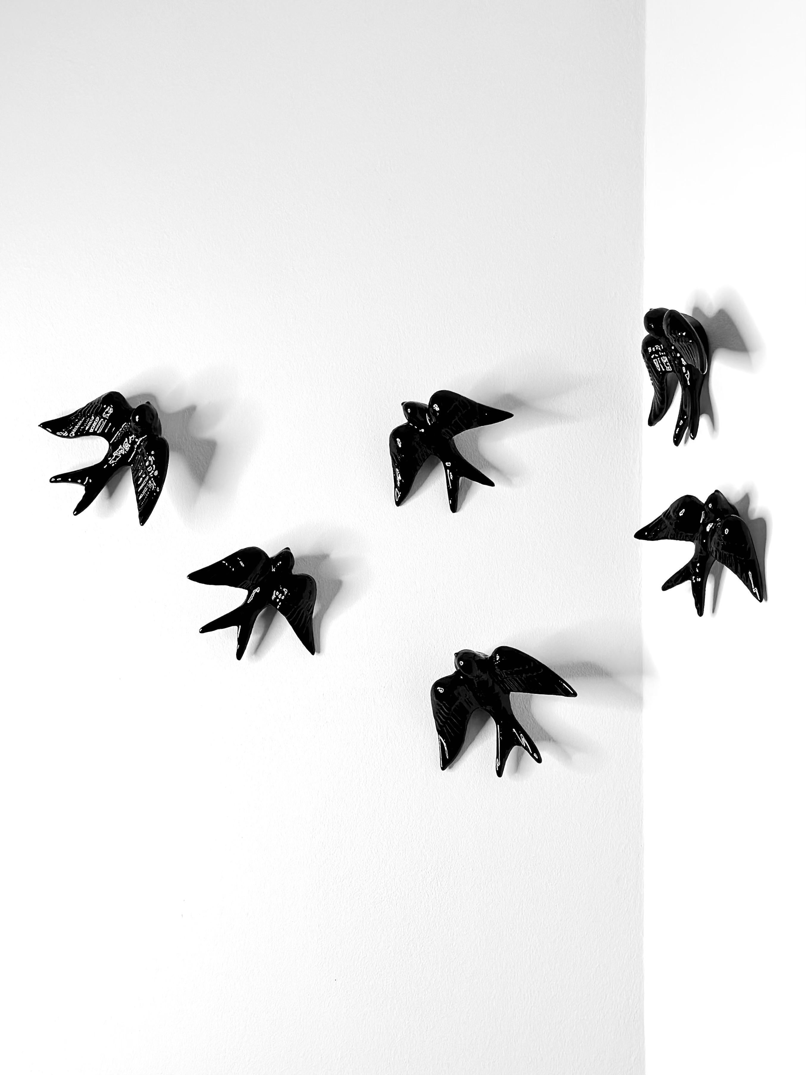 Contemporary Glossy Black Stoneware Wall Ornaments, Minimalist Design, SWALLOWS For Sale 1