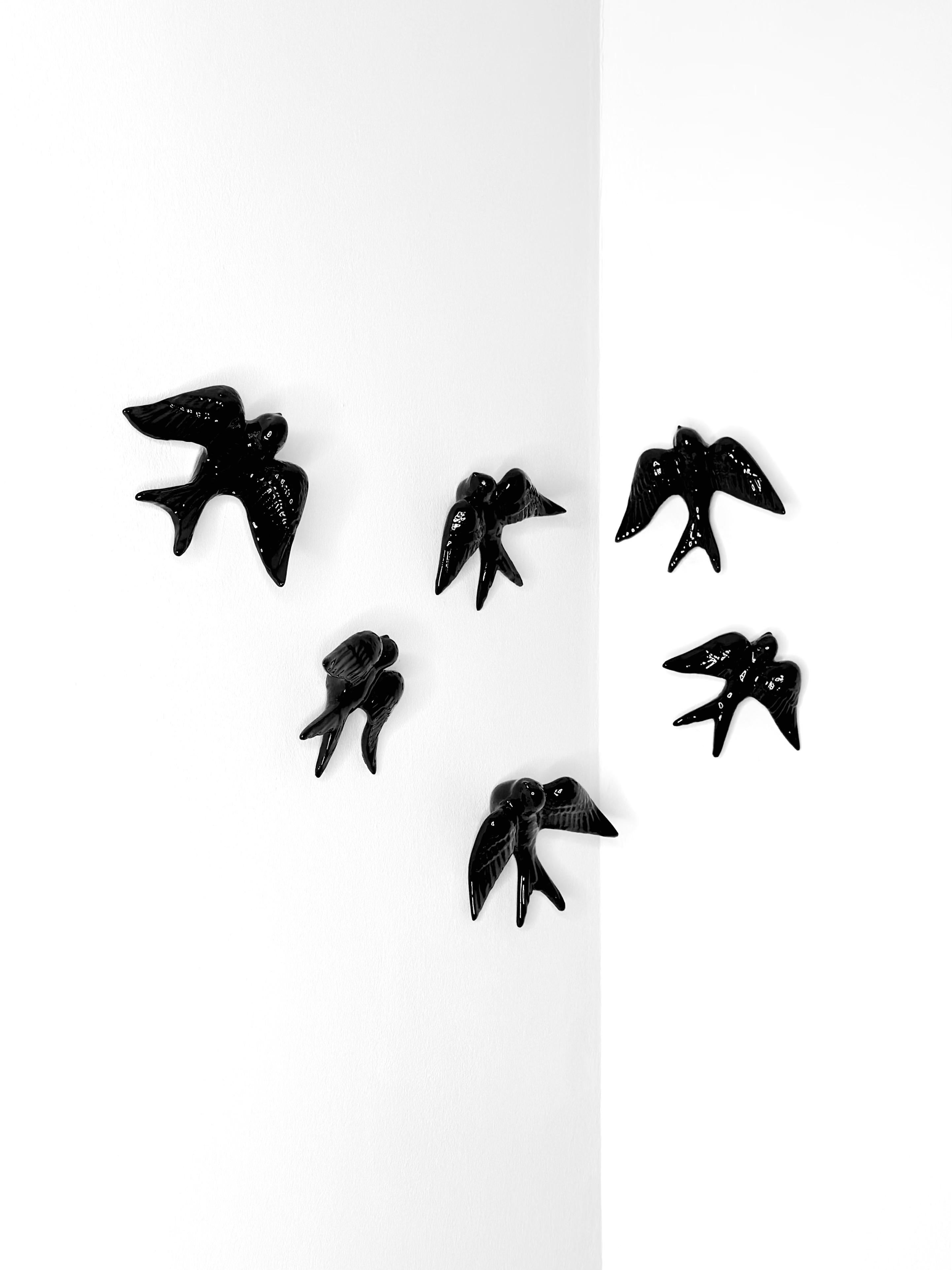 Contemporary Glossy Black Stoneware Wall Ornaments, Minimalist Design, SWALLOWS For Sale 2