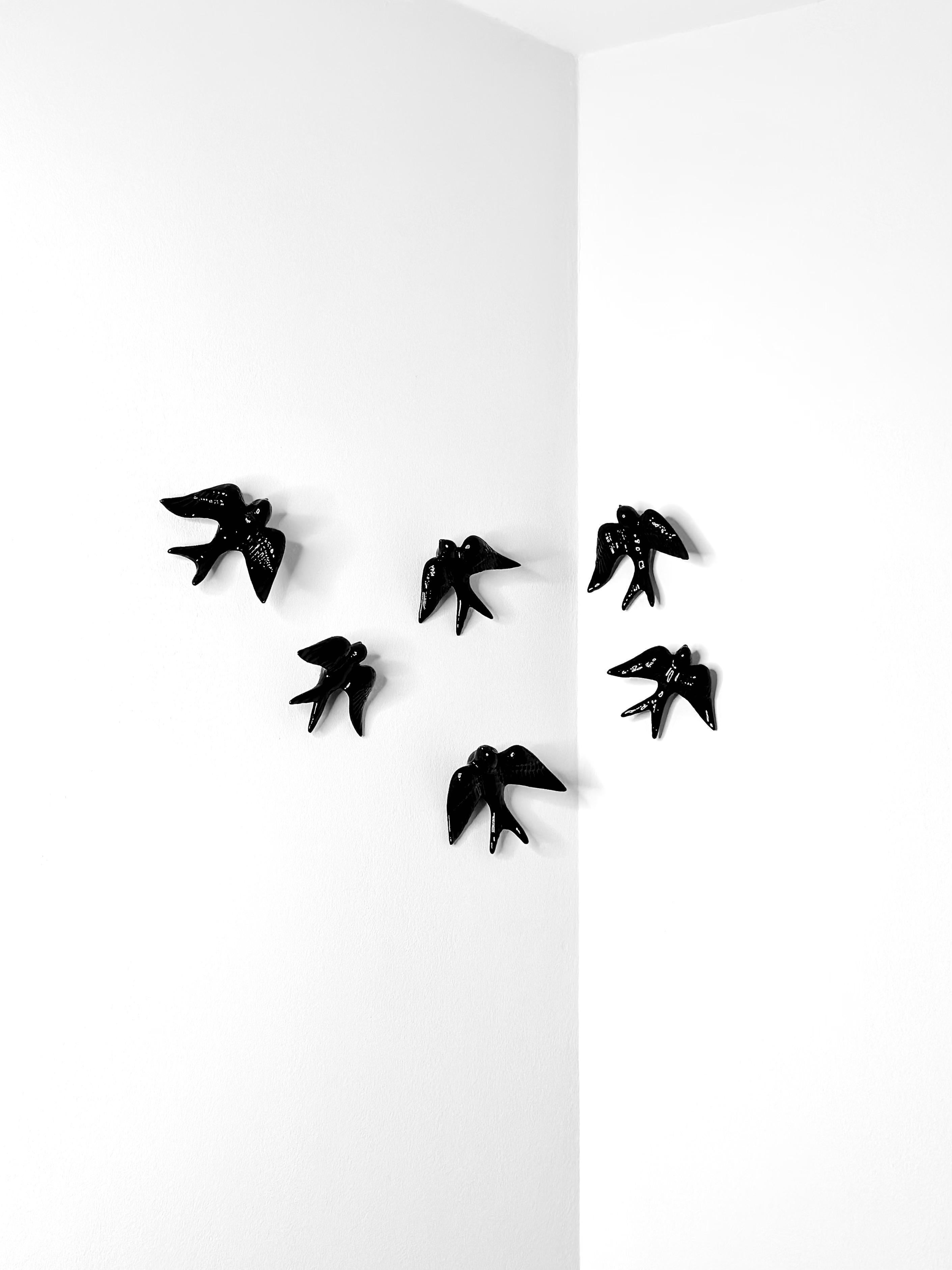 Contemporary Glossy Black Stoneware Wall Ornaments, Minimalist Design, SWALLOWS For Sale 3