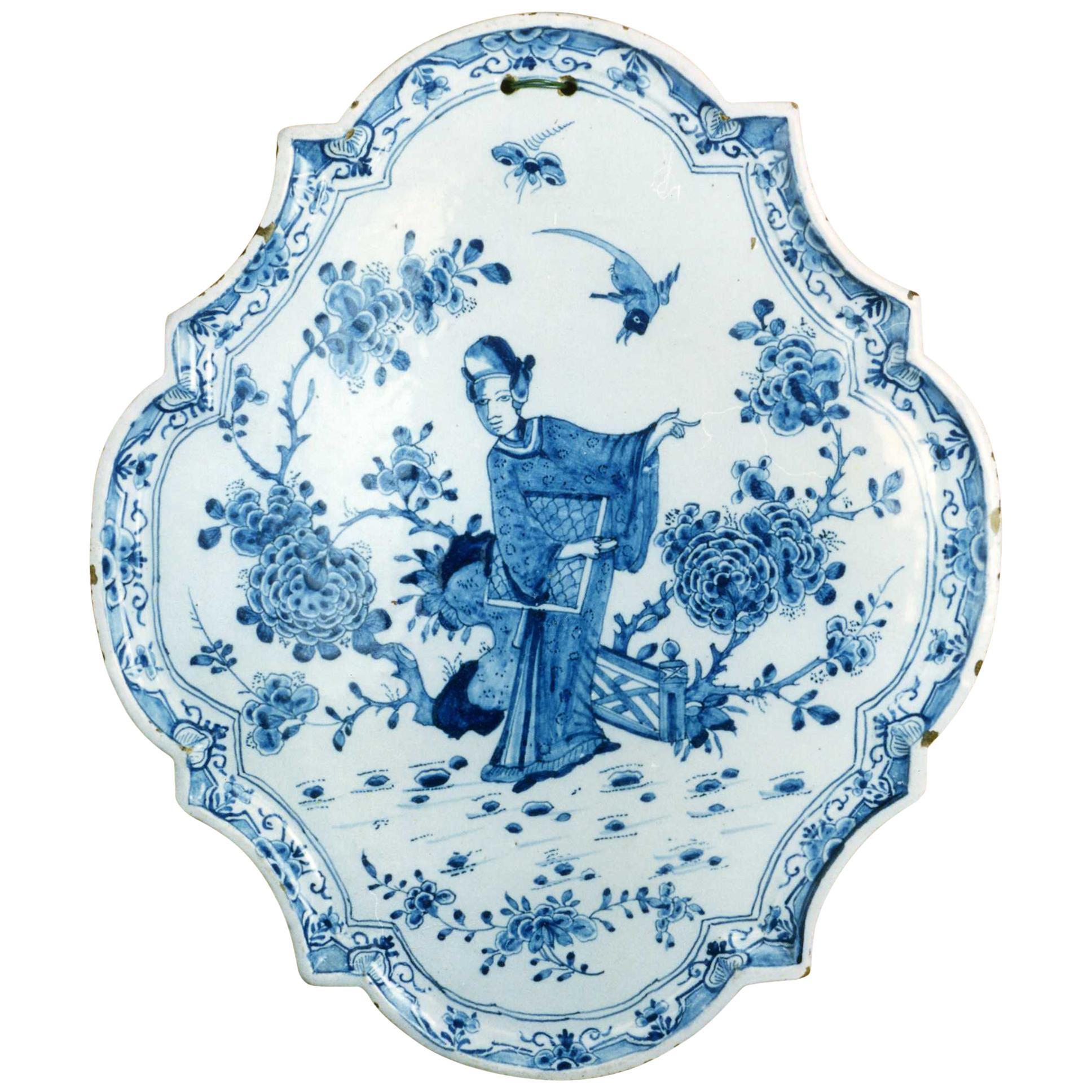 Wandplakette Niederländisch, 18. Jahrhundert, Delfter Porzellan, Blau und Weiß, Chinoiserie, Keramik im Angebot