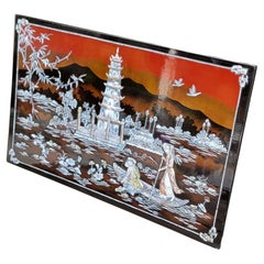 Wall Plaque Pagoda with Mother of Pearl & Lacquer Vietnamese 1970's