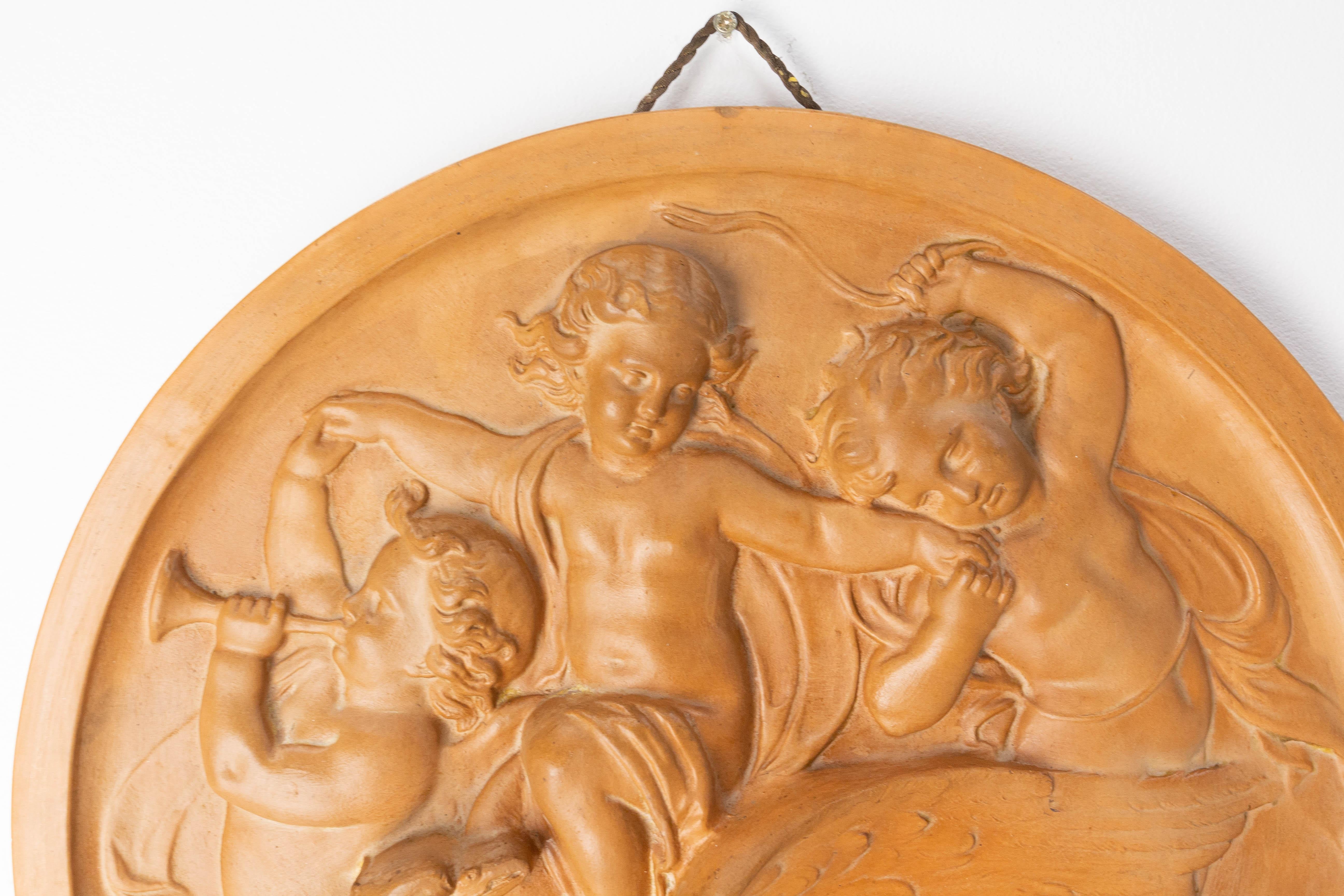 Early 20th Century Wall Plaque Sculpture Medallion Three Putti and Eagle, circa 1920 For Sale