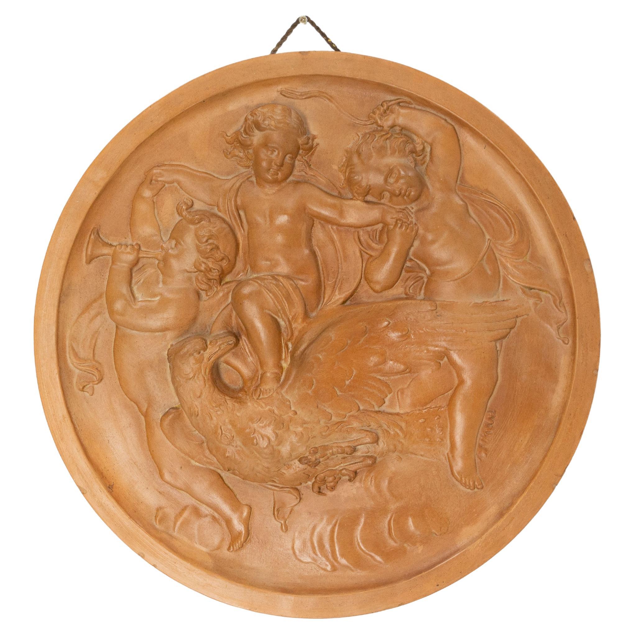 Wall Plaque Sculpture Medallion Three Putti and Eagle, circa 1920 For Sale