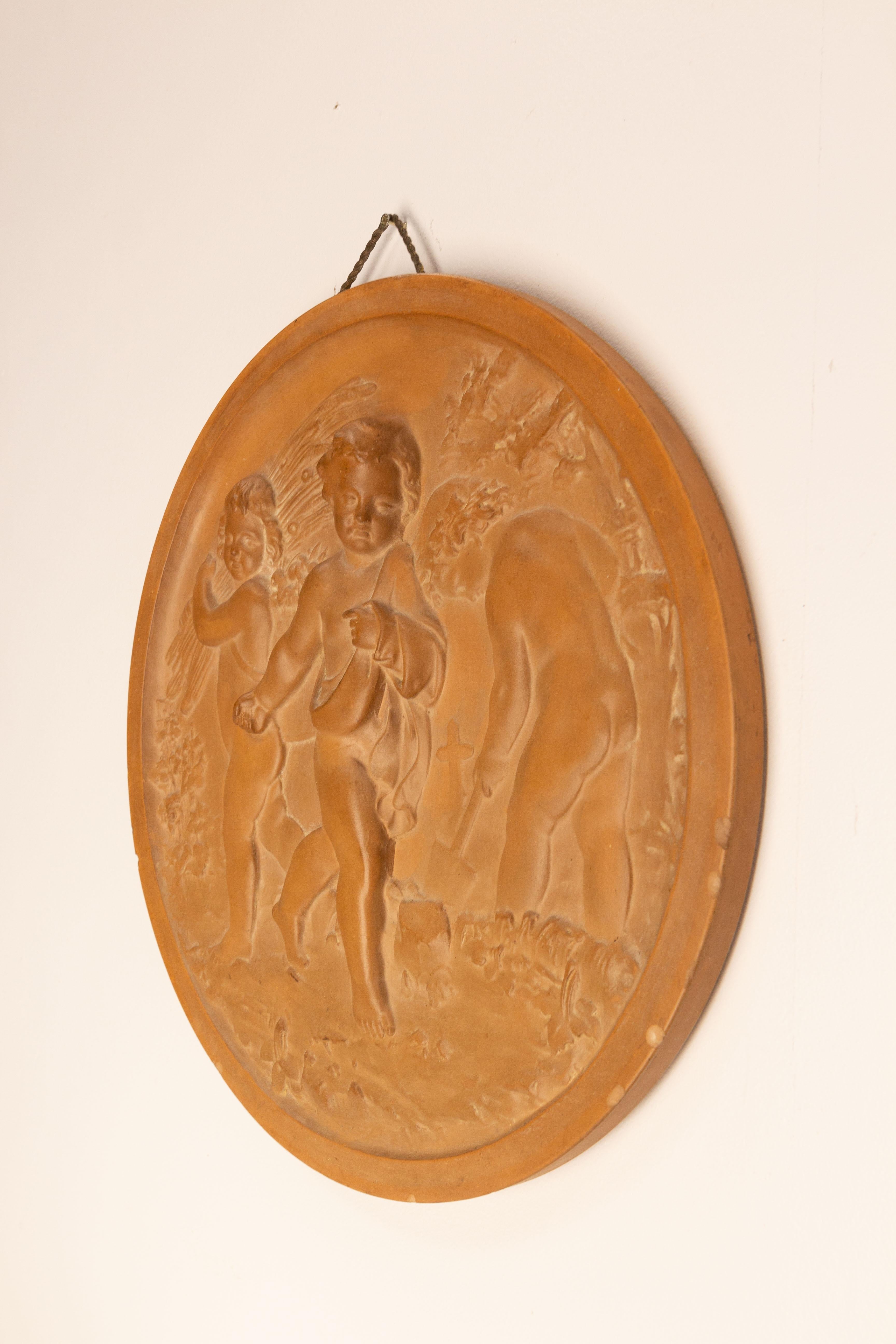 French Wall Plaque Sculpture Medallion Three Putti in Agricultural Scenes, circa 1920 For Sale