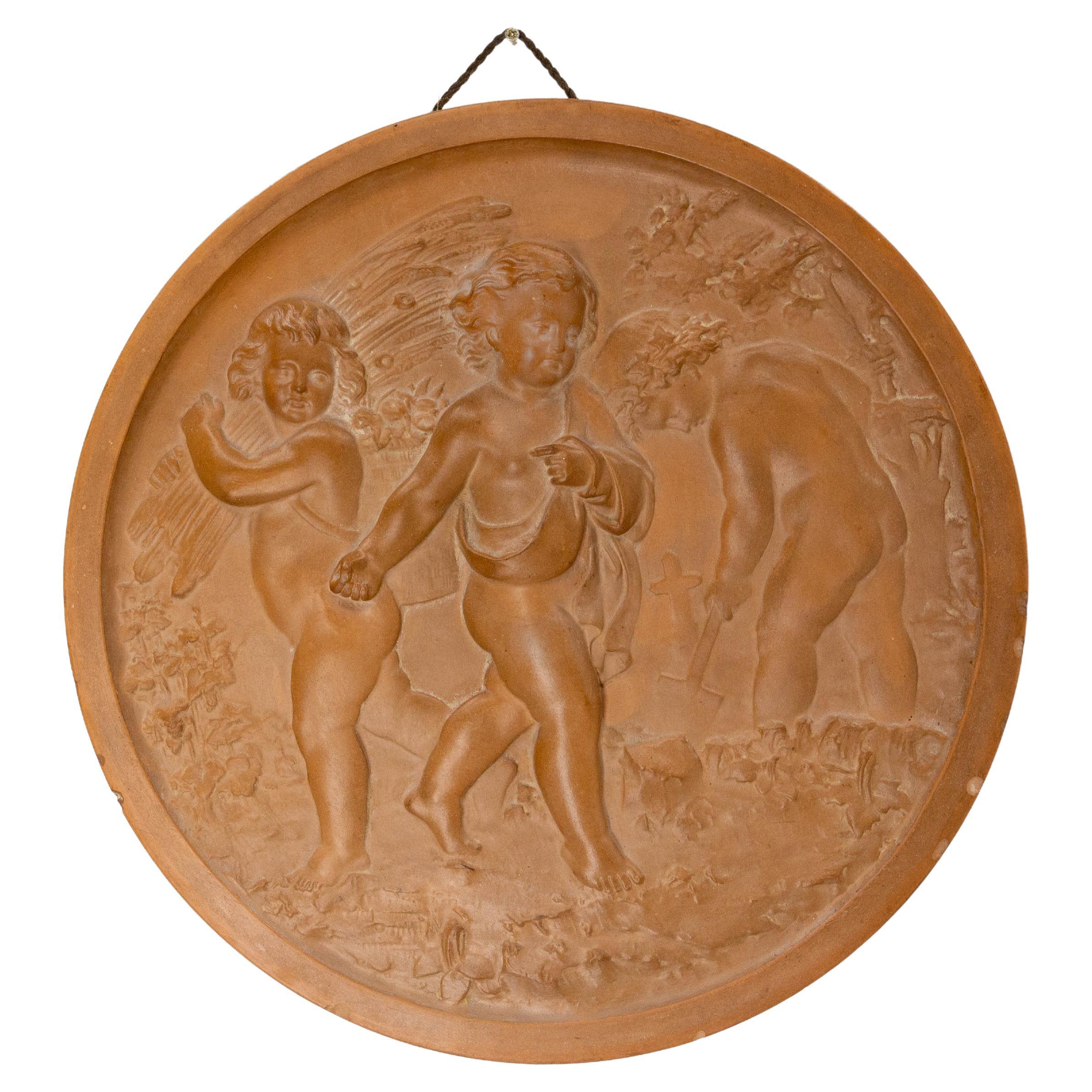 Wall Plaque Sculpture Medallion Three Putti in Agricultural Scenes, circa 1920 For Sale