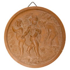 Antique Wall Plaque Sculpture Medallion Three Putti in Agricultural Scenes, circa 1920