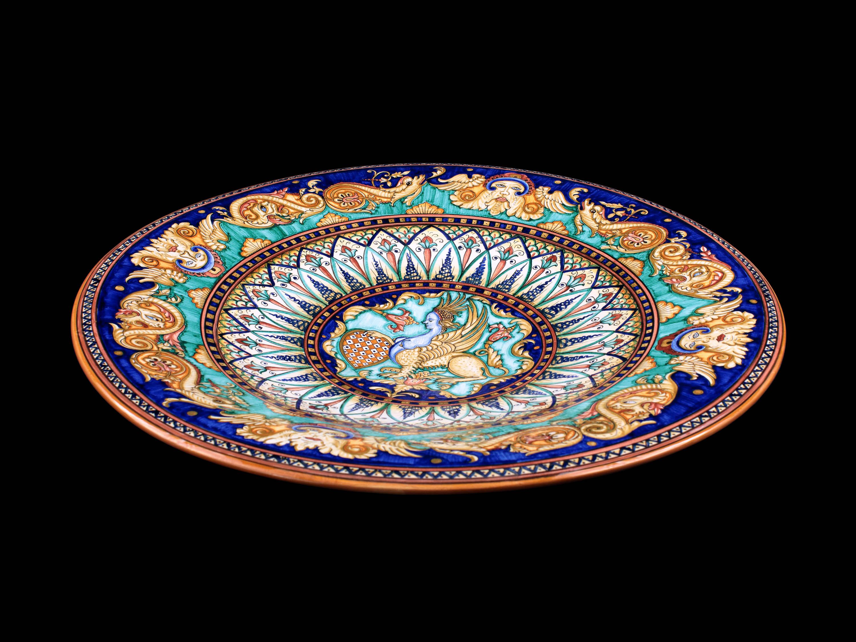 Majolica Plate Centerpiece Hand Painted Wall Dish Bowl Blue Aquamarine Italy  For Sale 4