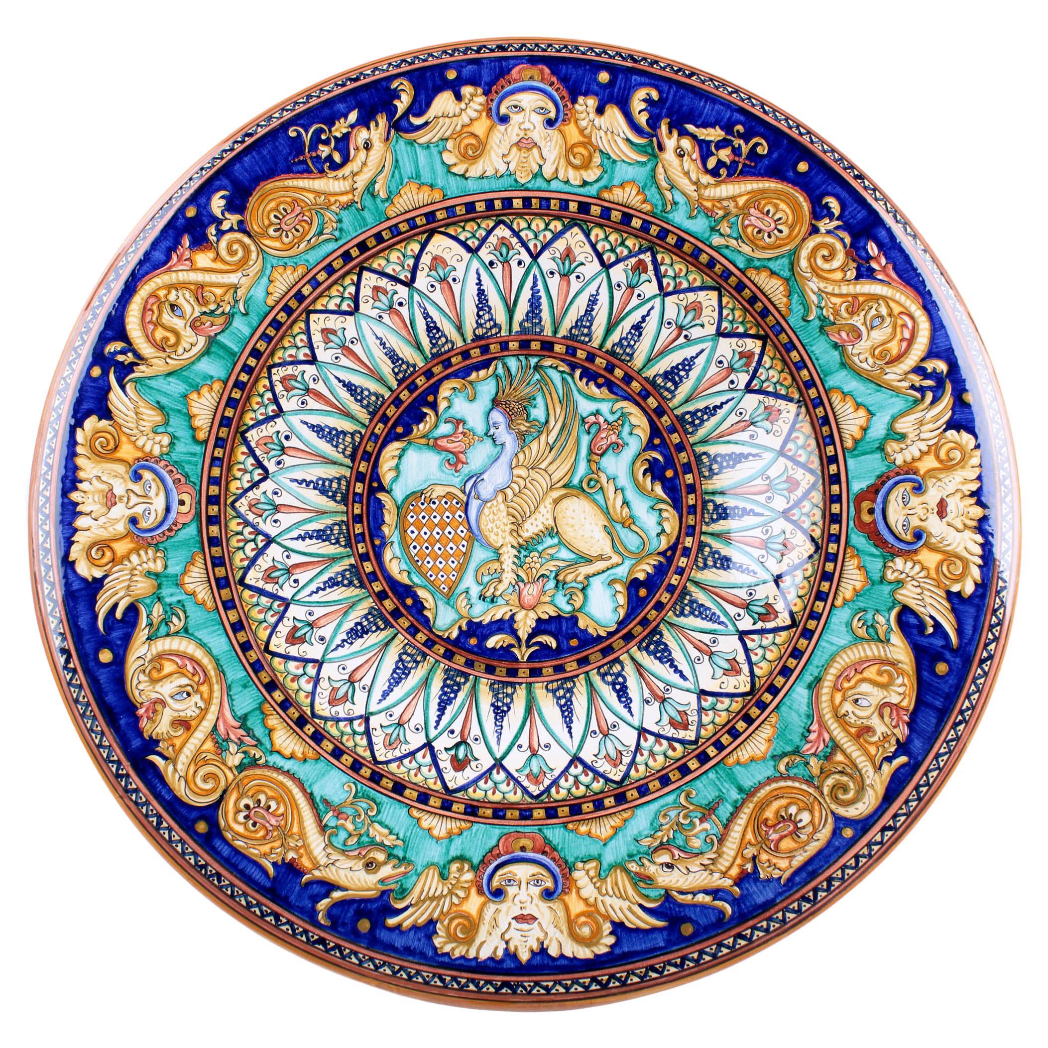 Assiette centrale en majolique peinte à la main, bol mural bleu aigue-marine, Italie 