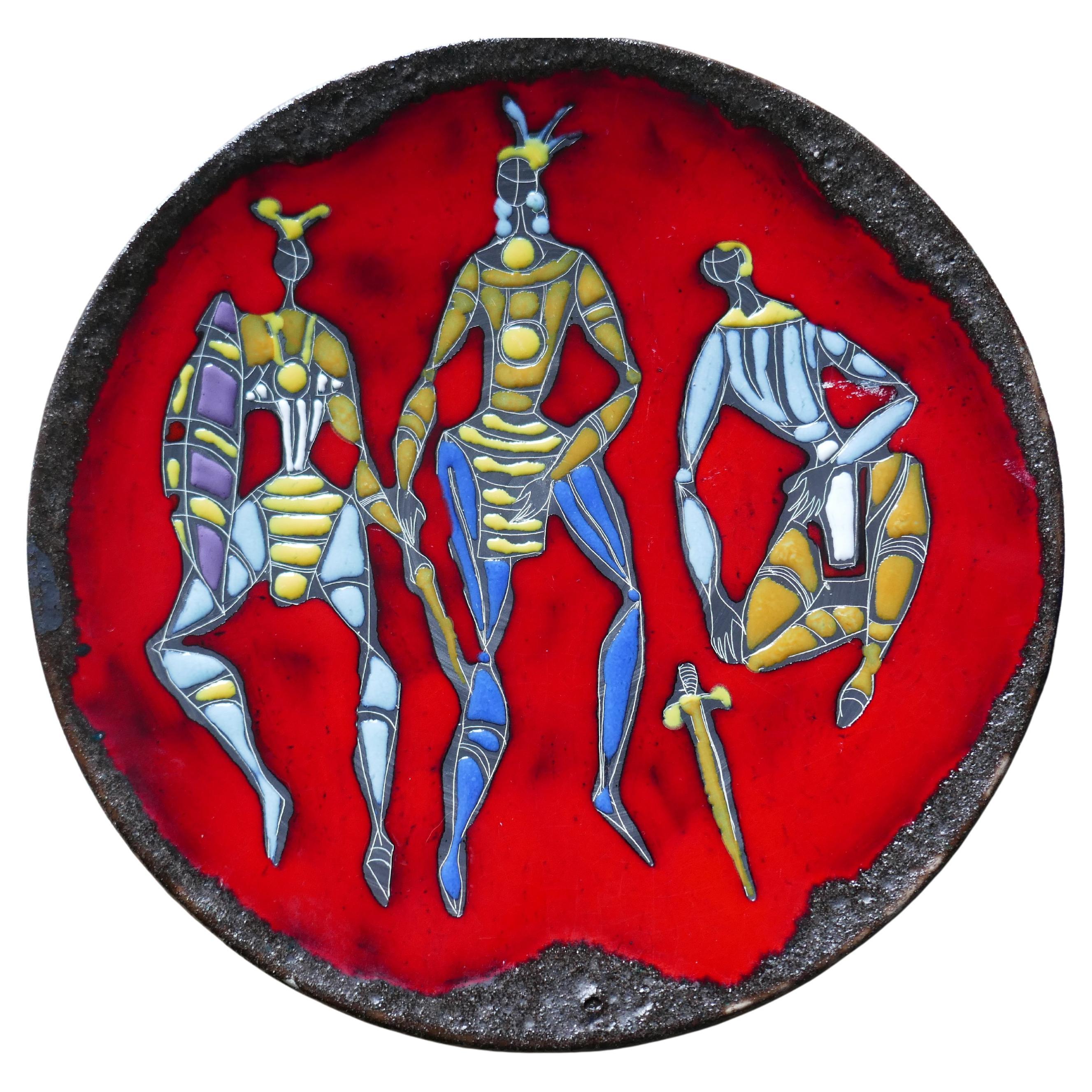 Wall plate in lava and enamel ceramic Marcello Fantoni style For Sale