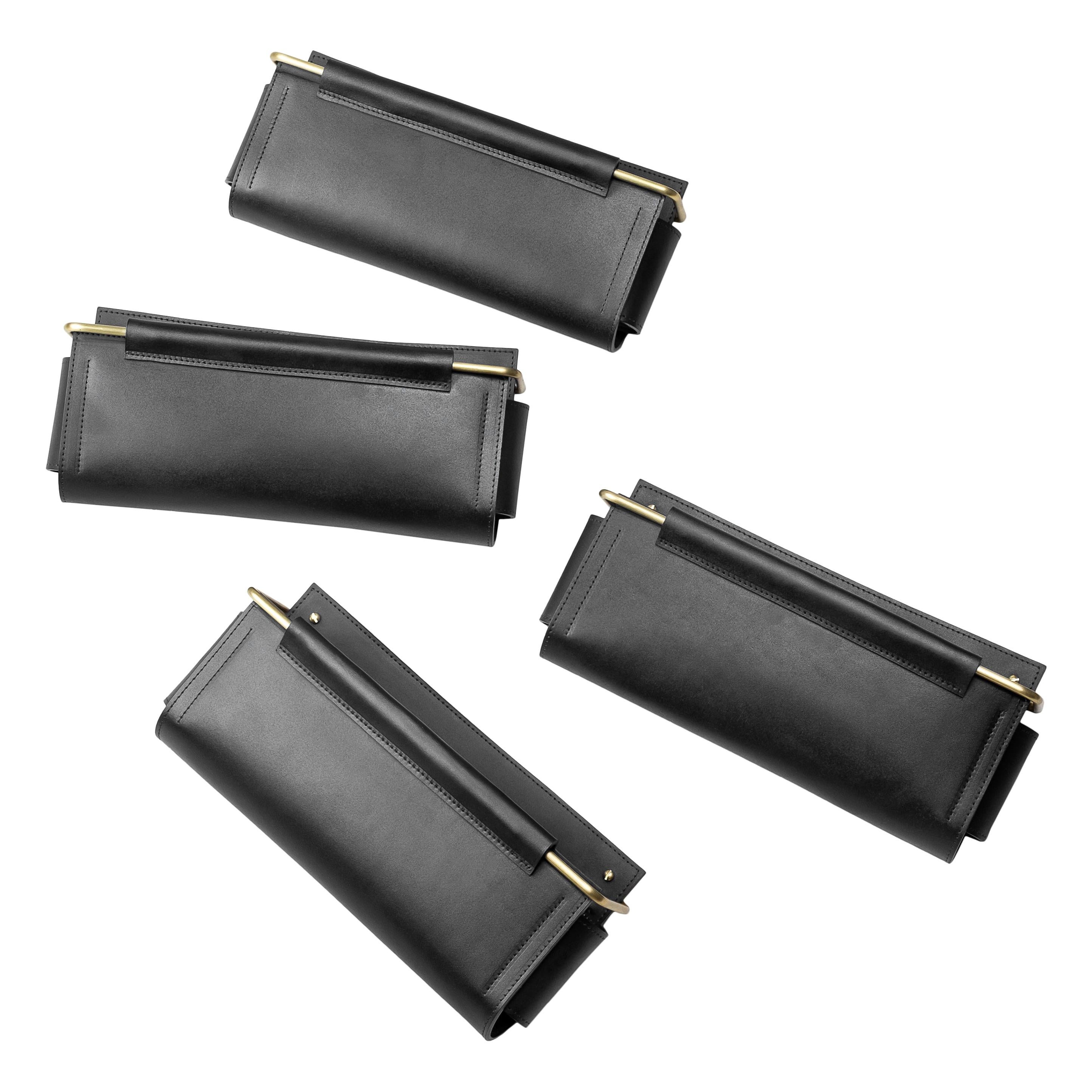 Wall Pocket in Black Leather and Brass by Moses Nadel