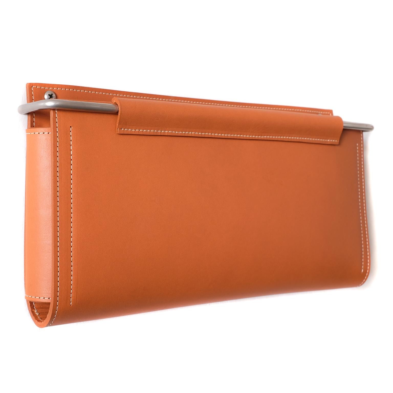 Wall Pocket 12"Lx1.5"x7"H in Saddle Leather and Stainless Steel by Moses Nadel For Sale