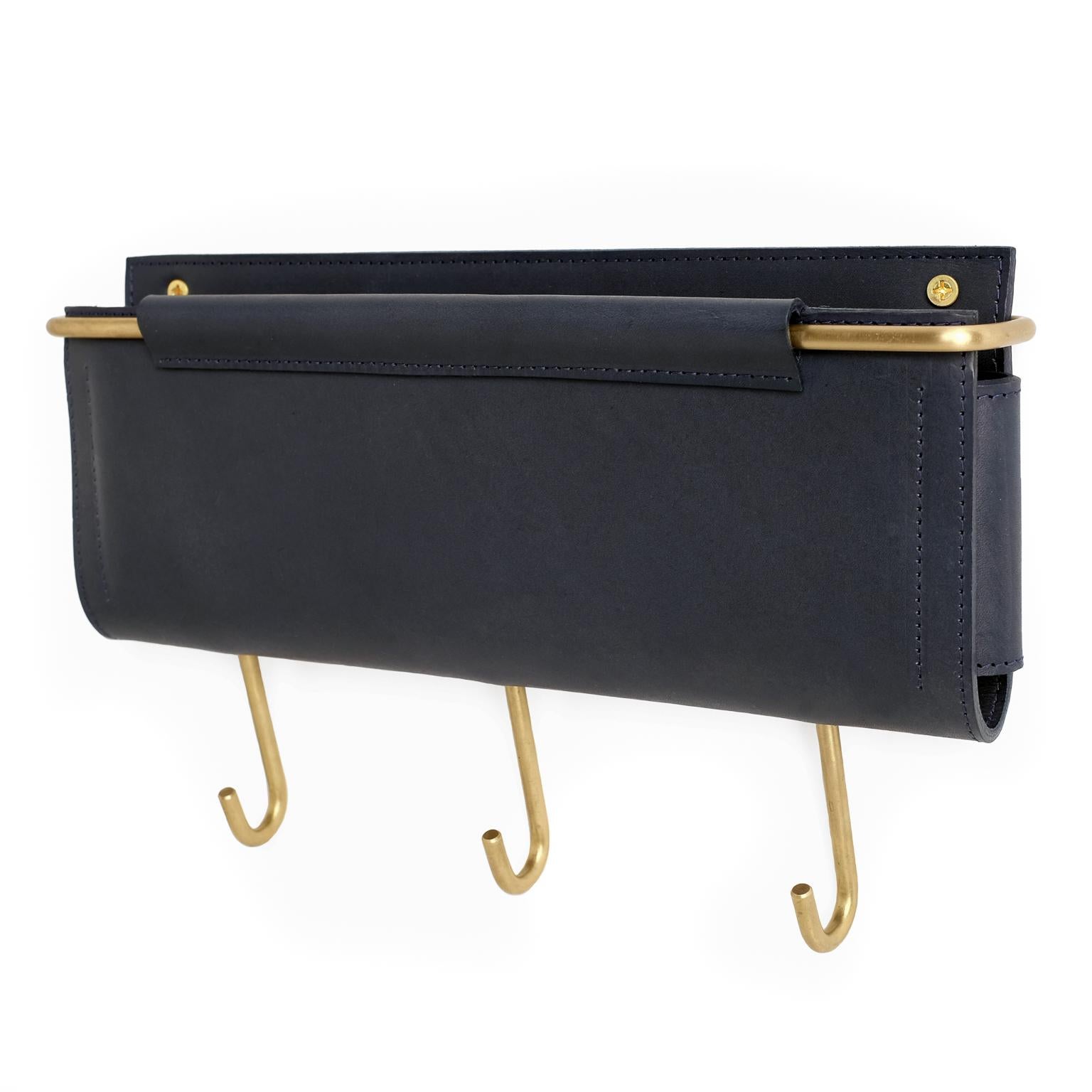 Wall Pocket 12"Wx 1.5"D x 5"H Navy Leather/Brass with 3 Hooks by Moses Nadel For Sale