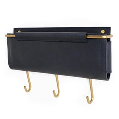 Wall Pocket 12"Wx 1.5"D x 5"H Navy Leather/Brass with 3 Hooks by Moses Nadel