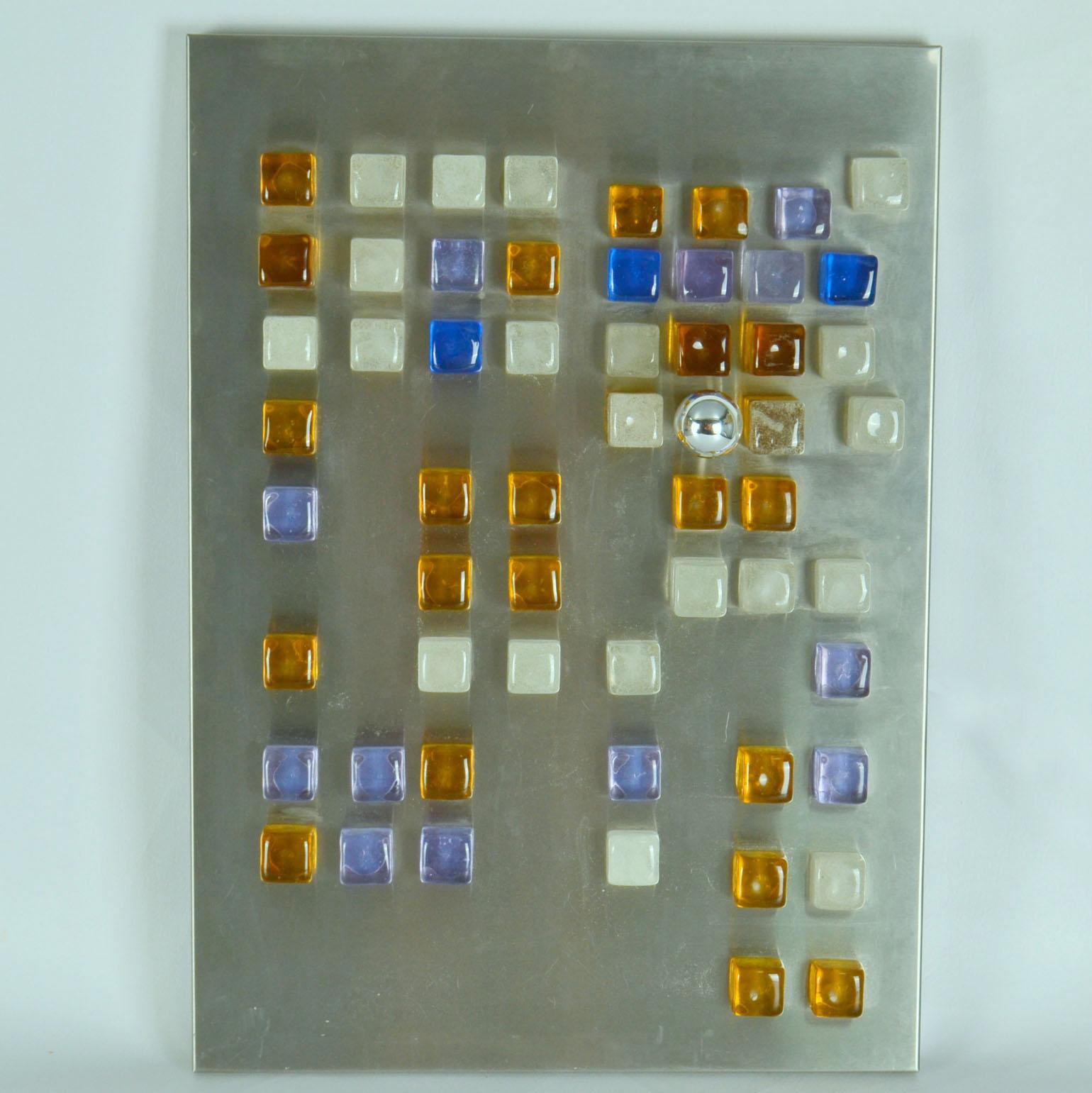 Mid-Century Modern Poliarte Wall Art, Wall Light of Glass Cubes on Stainless Steel by Albano Poli  For Sale