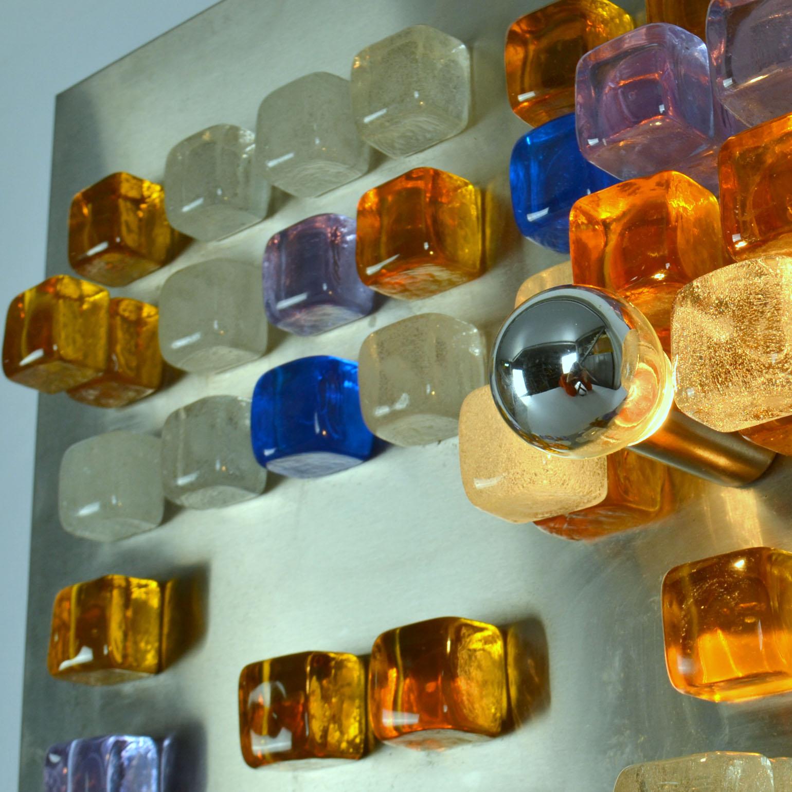Italian Poliarte Wall Art, Wall Light of Glass Cubes on Stainless Steel by Albano Poli  For Sale