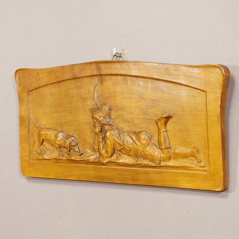 Wall Relief Wood Carving with Farmer Boy and Dachshund, circa 1900 For ...