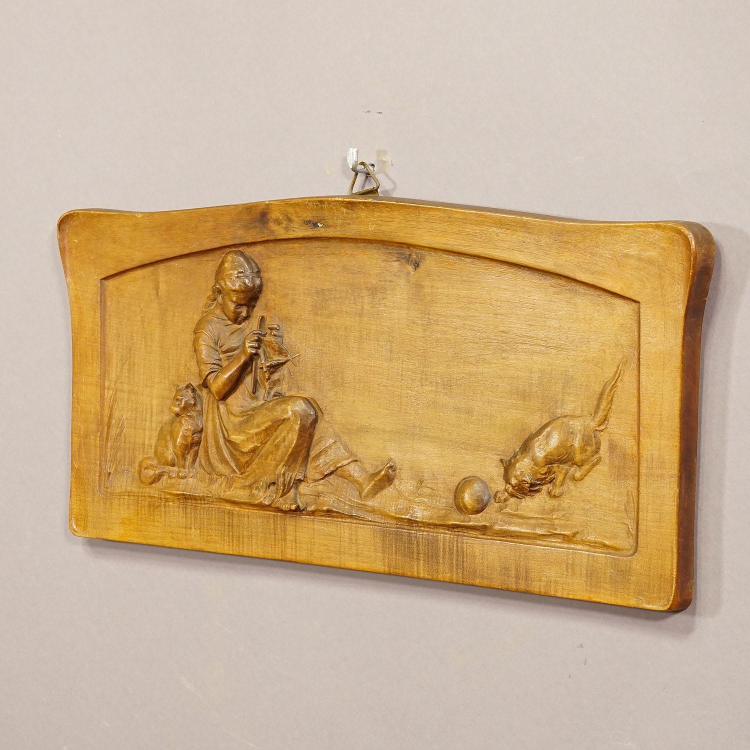 Black Forest Wall Relief Wood Carving with Farmer Girl and Kitten, circa 1900