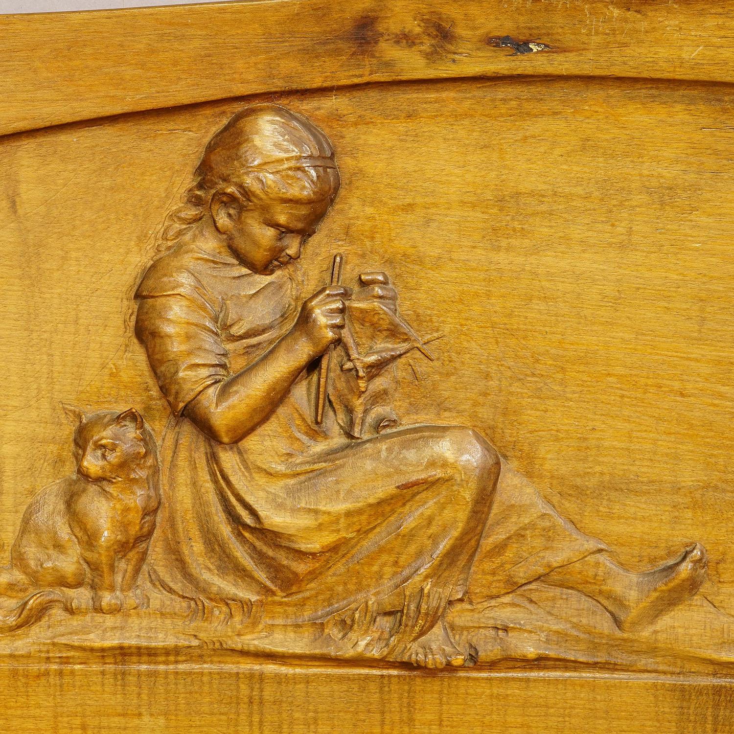 German Wall Relief Wood Carving with Farmer Girl and Kitten, circa 1900