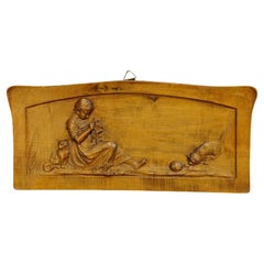 Antique Wall Relief Wood Carving with Farmer Girl and Kitten, circa 1900
