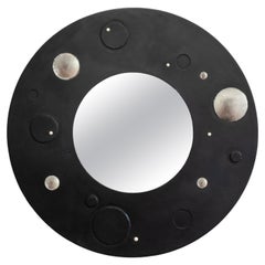 Wall Round Mirror Modern Contemporary Blackened Steel Palladium Leaf Ocean Pearl